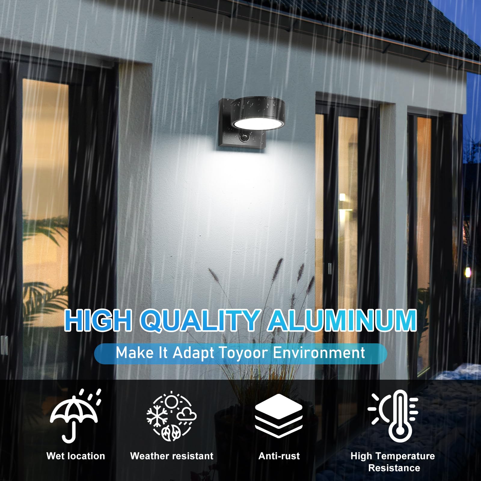 Double Century Motion Sensor Outdoor Wall Sconce, 8W Led Waterproof Light, 3000K/4000K/5000K