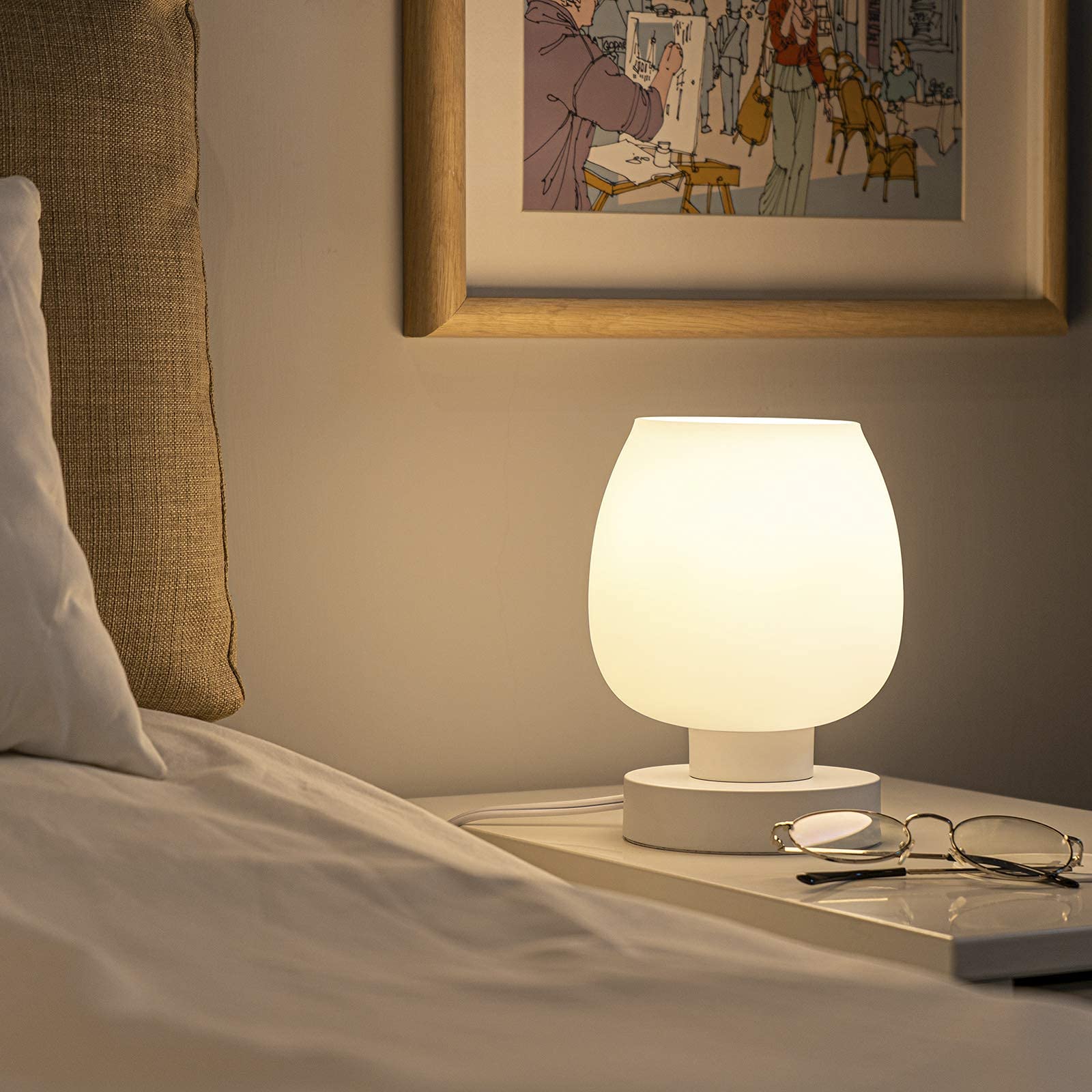 ONEWISH Touch Bedside Table Lamp Set of 2 - Small Modern Plastic Lamp with White Opal Glass Shade, 3-Way Dimmable, 3000K LED Bulb