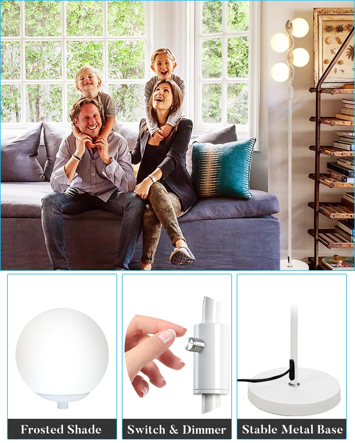 Lightdot 64In Dimmable (Brightness Adjustable) Globe Floor Lamp, White Pole Standing Lamps 3000K 4Pcs G9 Bulbs Soft Warm White E
