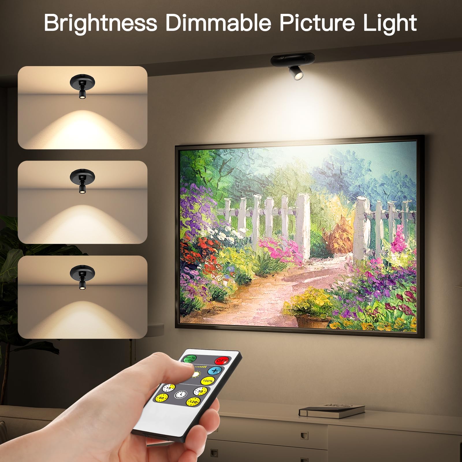 Wireless Led Spot Light Battery Operated With Remote ,Up Light For Plants ,Down Light For Picture On Wall, Dimmable Timer Mini A