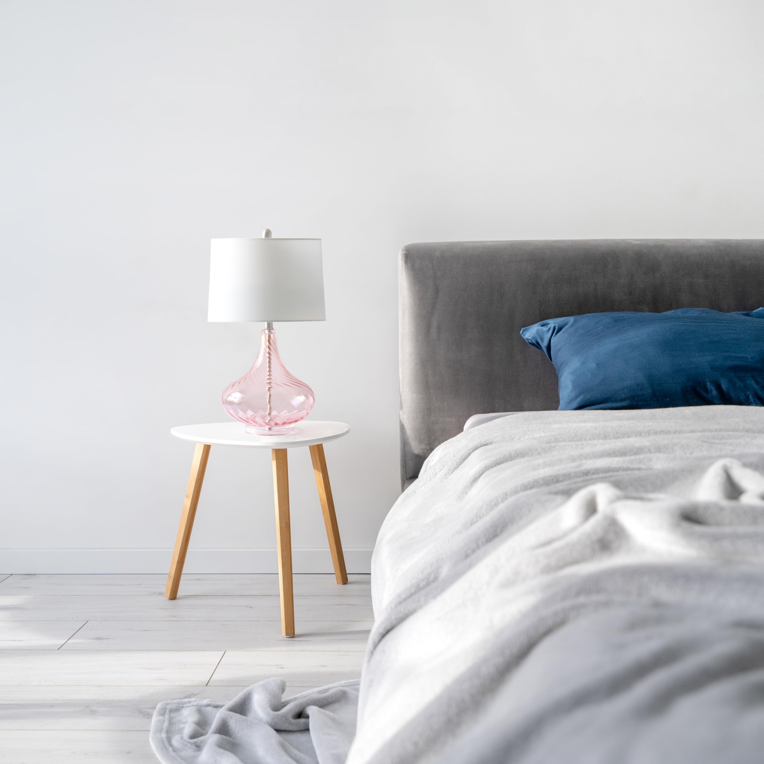 Elegant Designs 24'' Modern Refined Rippled Colored Glass Table Lamp with White Linen Tapered Drum Shade for Study  Nursery  Dining Room  Bedroom  Living Room  Guest Room  Pink