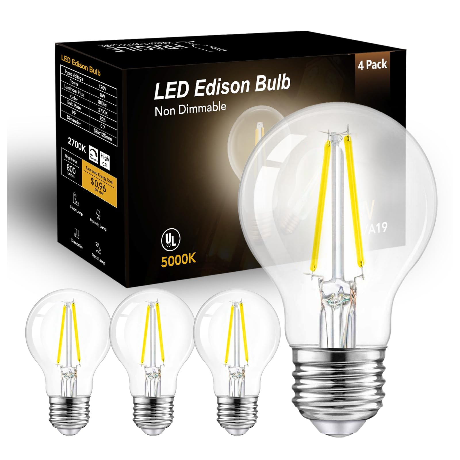 Dalattin A19 Vintage Led Edison Bulbs, 60W Equivalent Light Bulbs, 5000K Daylight White, Clear Glass Filament Bulb, Efficient 8W