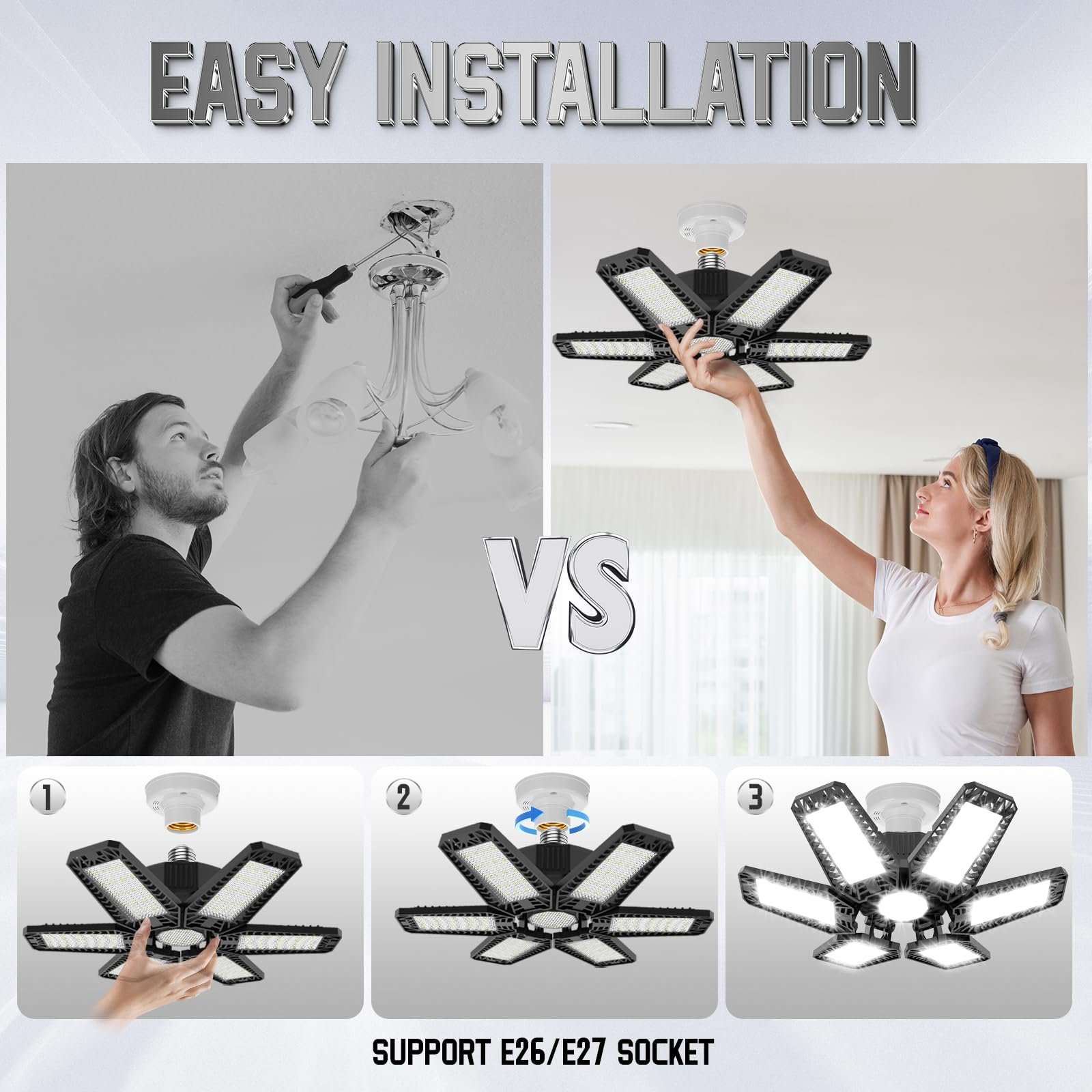 Topaubub Garage Light 4 Pack 160W, 16000Lm Led Lights For Garage With 6+1 Deformable Panels 6500K Screw In Led Shop Lighting For