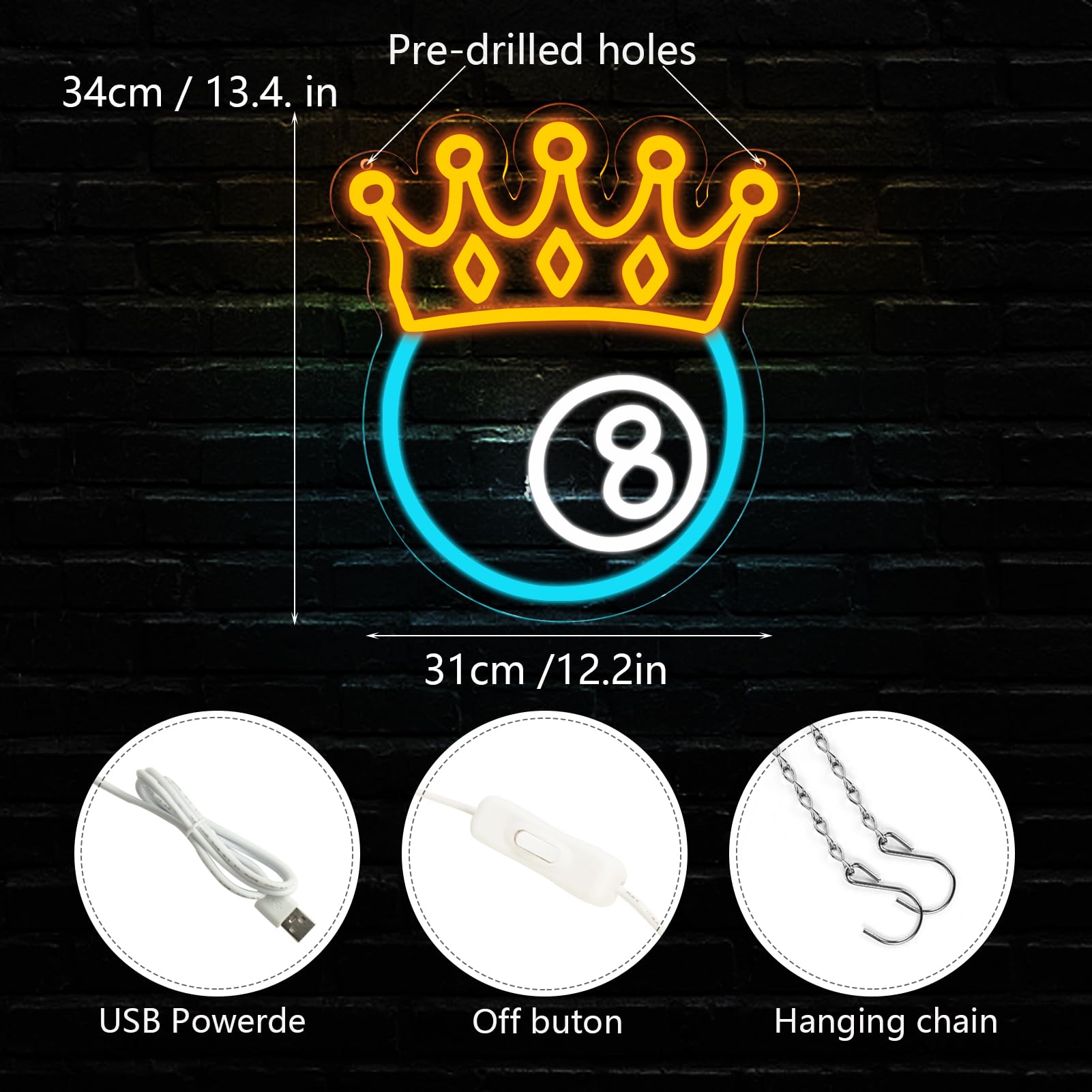Jfllamp Crown Black Eight Billiards Neon Signs For Wall Decor Led Lights Suitable For Bedroom Man Cave Bar Pub Restaurant Christmas Gift Art