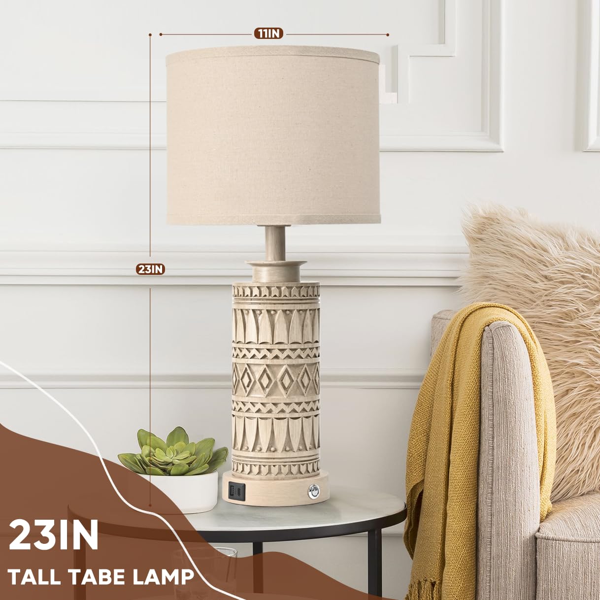 23In Table Lamps For Living Room Set Of 2 End Table Lamps Touch Control Table Lamp Dimmable Bedside Lamps Usb A+C Ports Farmhous