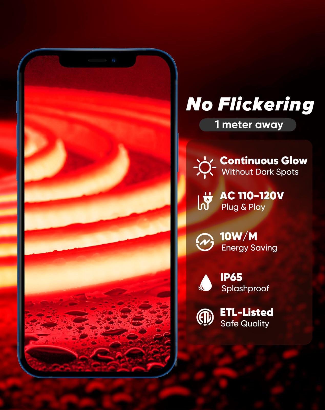 Shine Decor Cob Led Rope Light Ac 120V  800Lm Ultra Bright  Ip65 Waterproof Cold-Resistant Etl Neon Strip  No Driver Tape Lighting For Home Commercial 10X4.5Mm  Red  50Ft