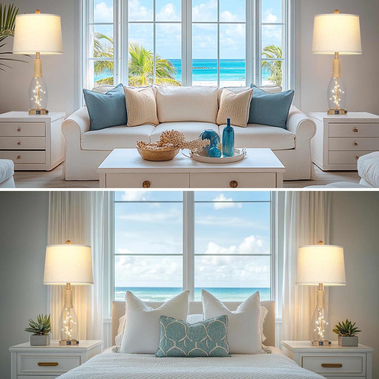 Cinyirong 28  Boho Glass Table Lamps Set of 2, Touch Control Bedside Lamps with 2 USB Ports and Outlet, Rattan Lamp with Night L