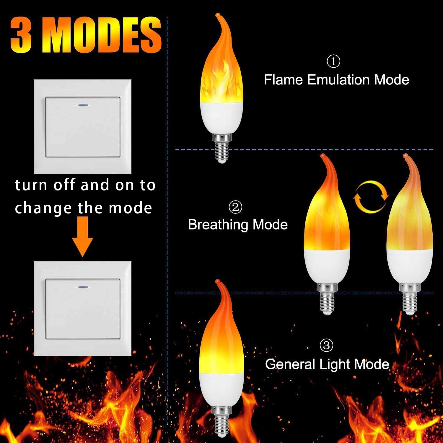 Ohlgt E12 Flame Bulbs 2 Packs, 3 Mode Led Candelabra 2.0 Watt Warm White Chandelier 1800K Candle Light Bulbs, Flame Tip For Christmas Party Decorations