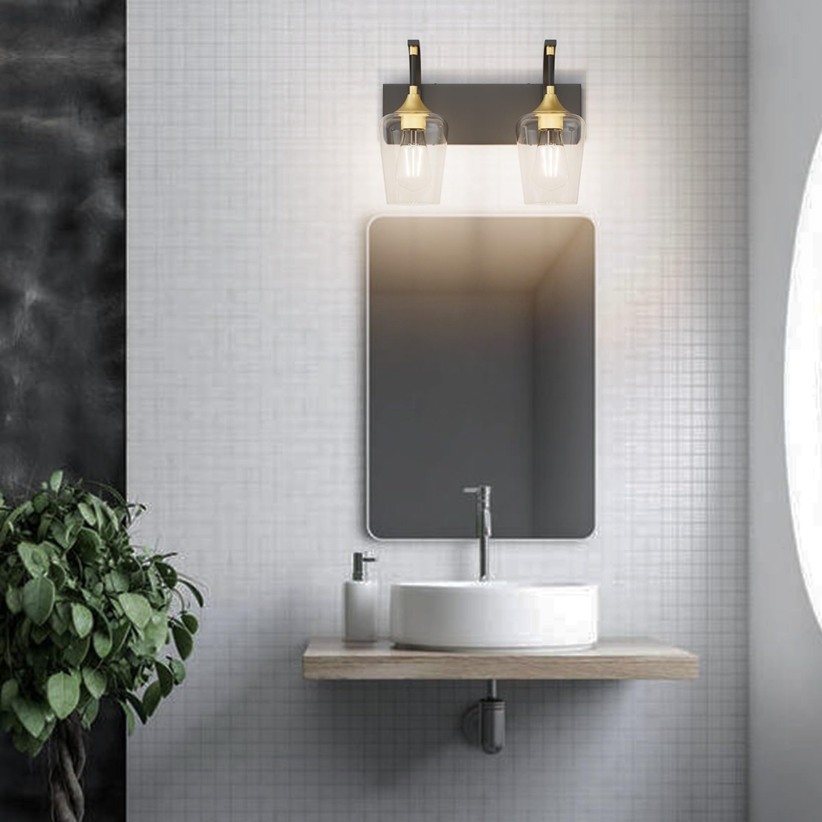 Ralbay Black/Gold Vanity Light 2 Lights Industrial Bathroom Light Fixtures Over Mirror With Clear Glass Black Bathroom Wall Mount Lighting Sconce
