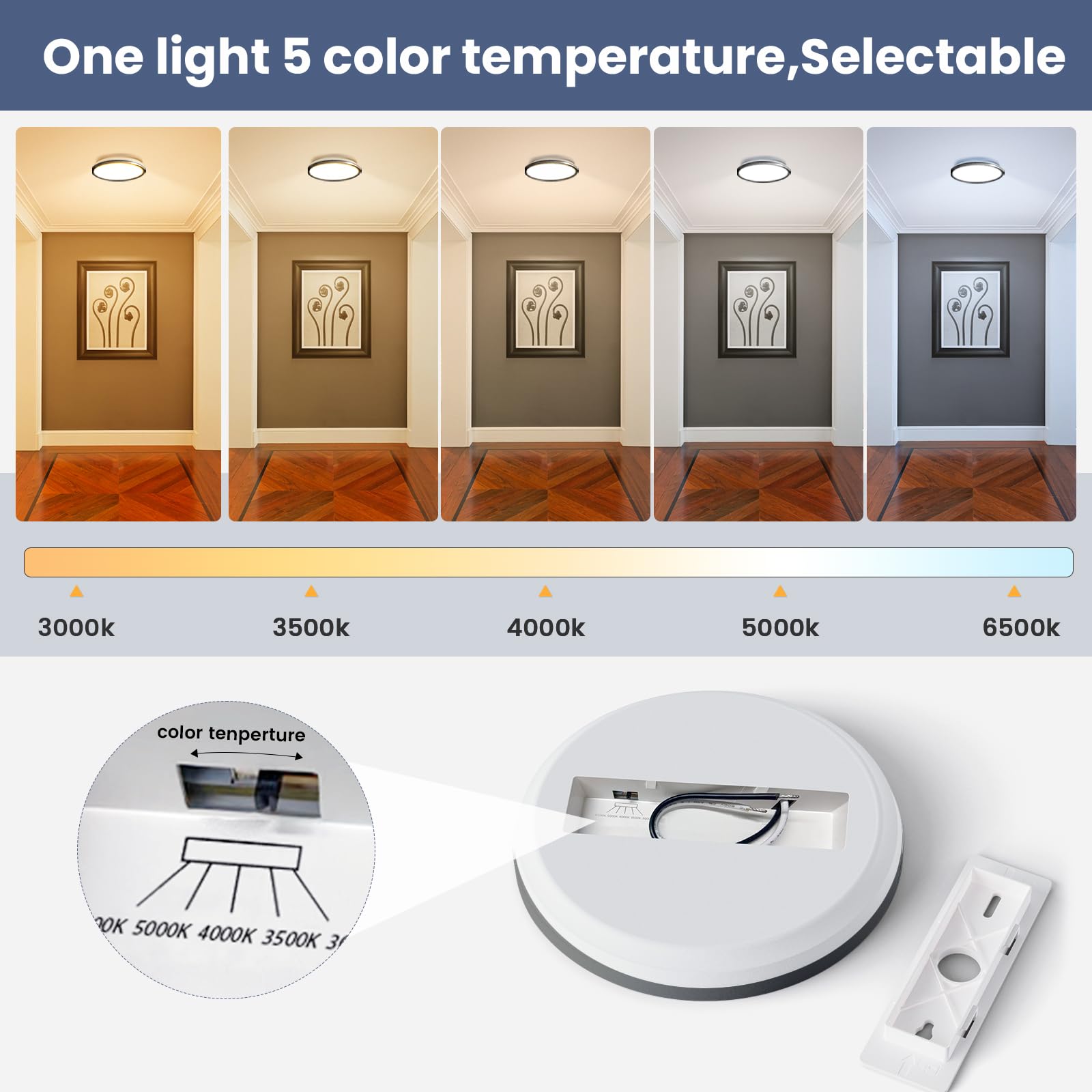 Niorsun 12 Inch Flush Mount Led Ceiling Lights,Dimmable 3000K-6500K Adjustable Black Lights,Ultra Thin Round Lamp,24W Ceiling Li