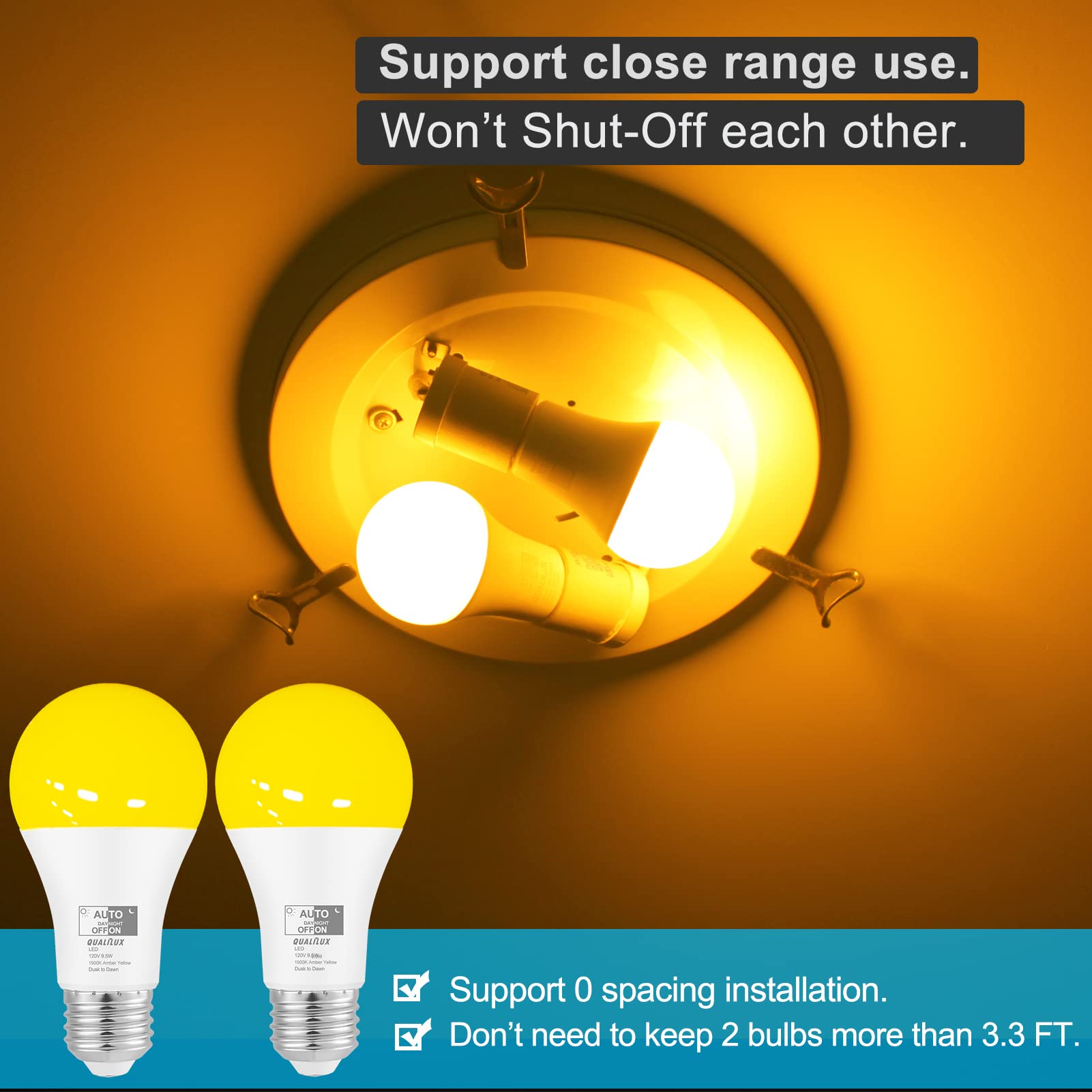 Qualilux Bug Light Bulbs, Dusk to Dawn, 1900K Amber Yellow, 600 Lumen, LED 9.5W, A19 E26, 2-Pack