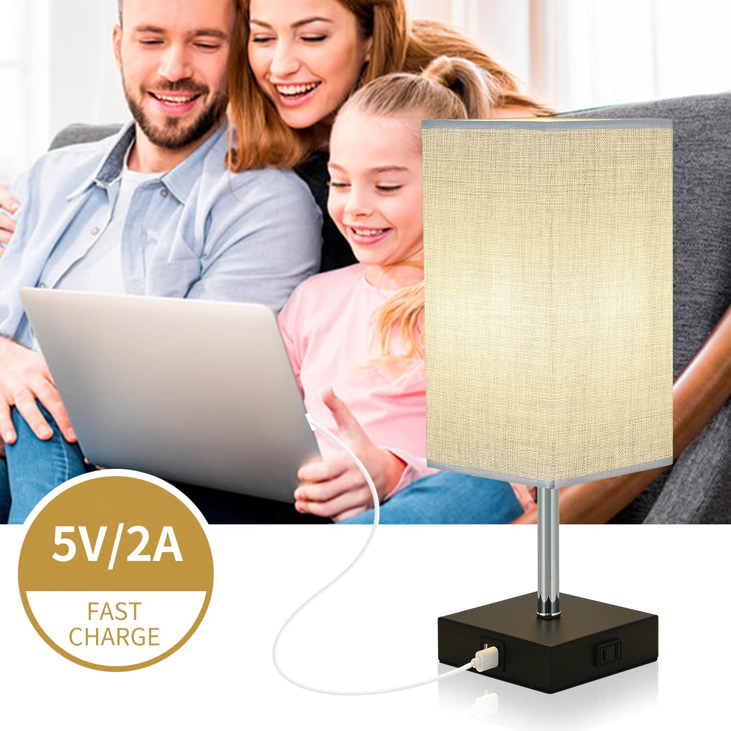 Woderdeng Touch Control Bedside Lamp - 3-Way Dimmable Table Lamps With 2 Usb Port And Outlet, Nightstand Lamp For Bedroom Decor