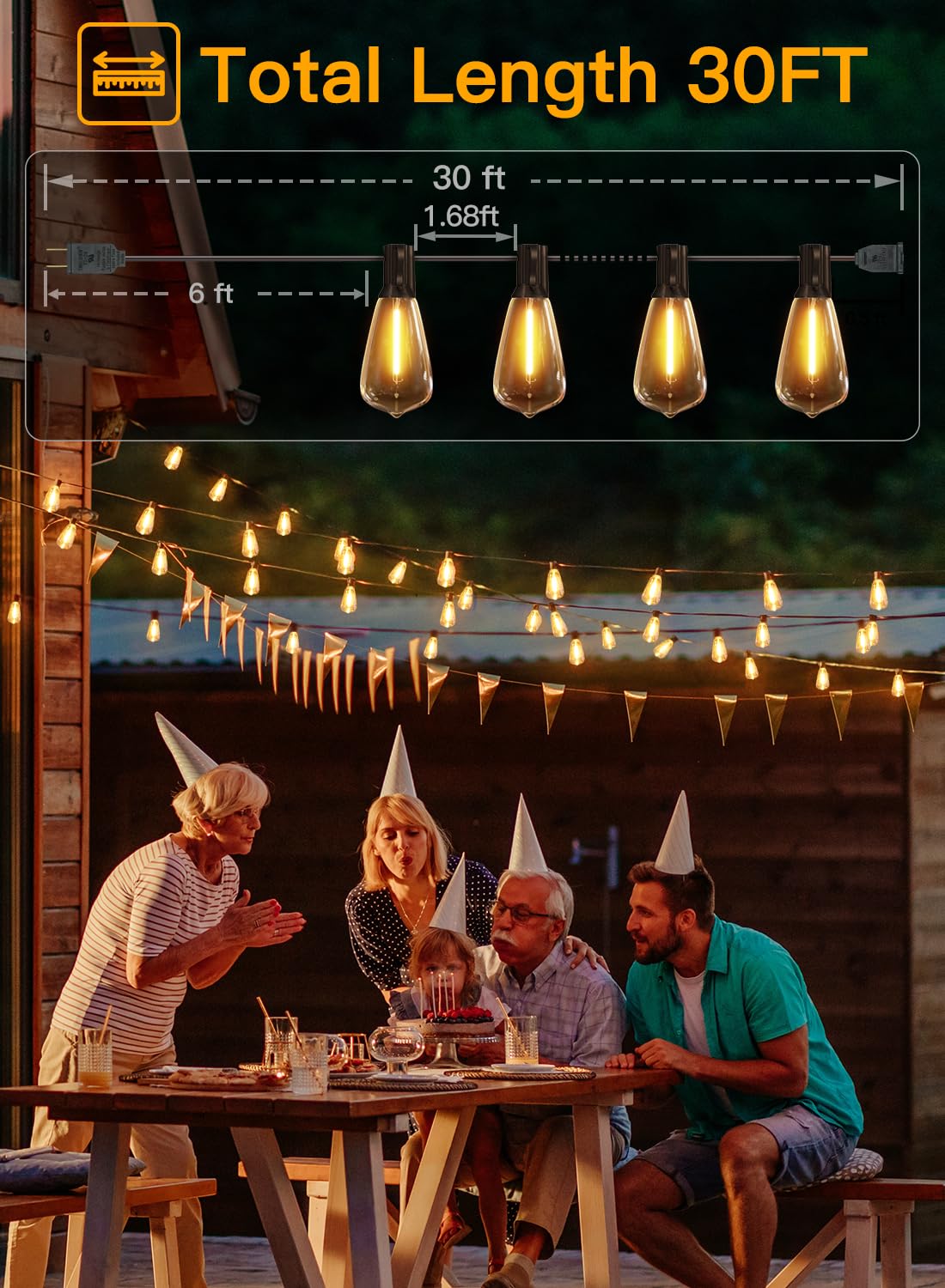Ollny Outdoor String Lights 30Ft, Shatterproof Connectable Patio Lights With 15+1 Spare St38 Vintage Bulbs, 2200K Warm White Wat