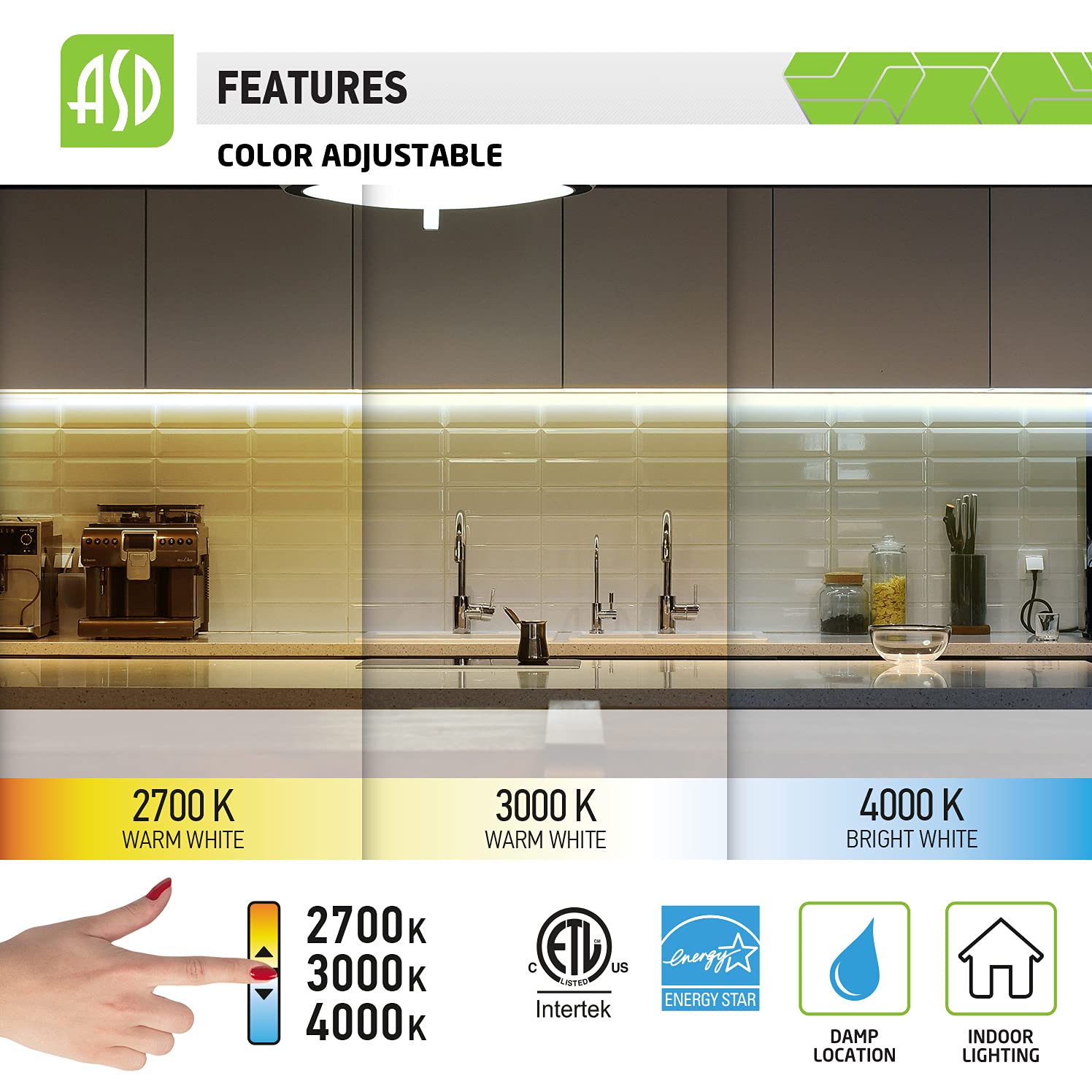 Asd Swivel Led Under Cabinet Lighting  12 Inch 5W  Hardwired Or Plug-In  2700K/3000K/4000K Selectable  Rotatable Lens  Dimmable Linkable Under Counter Lights For Kitchen  Etl & Energy Star  4 Pack