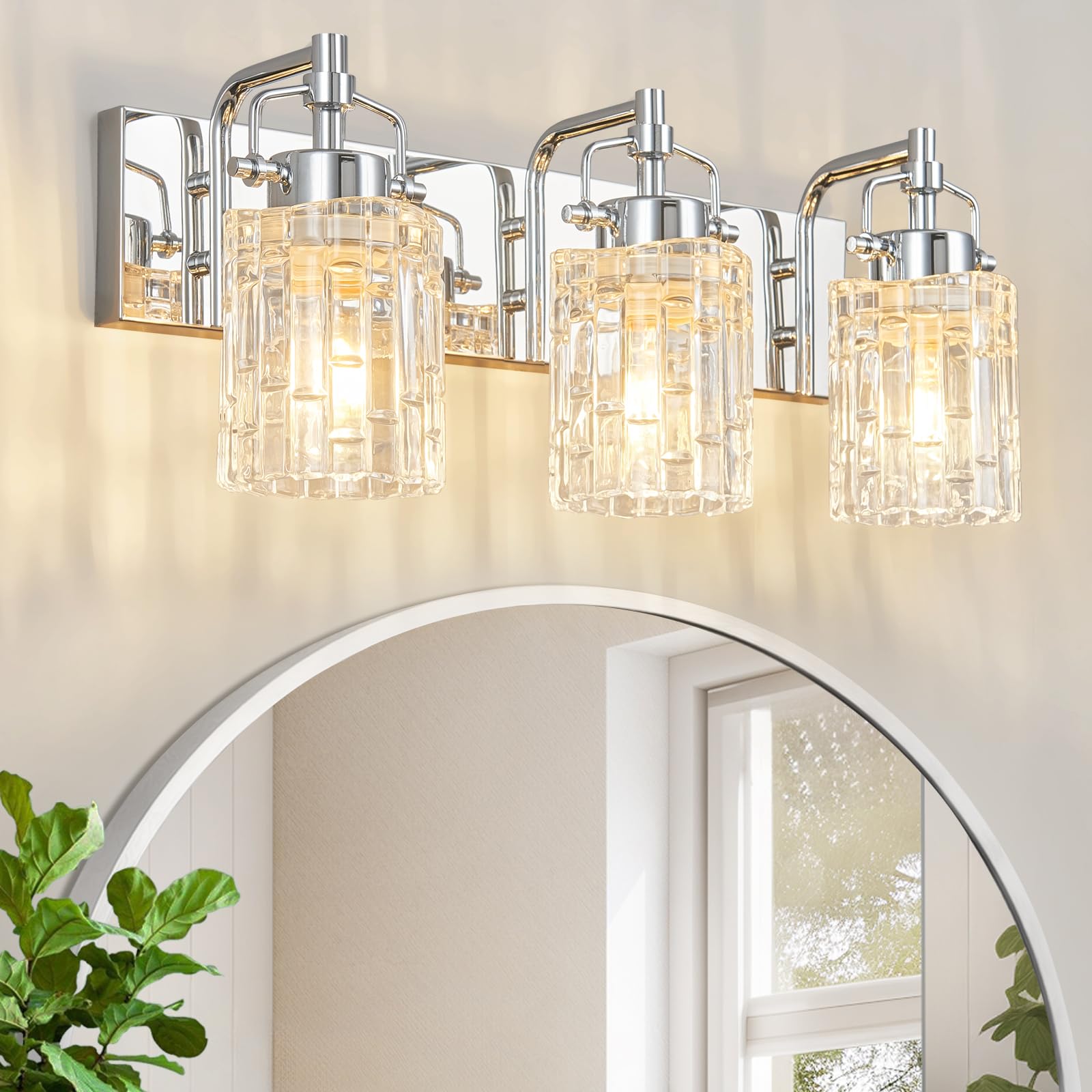 BNHHLZ Bathroom Vanity Light 3-Light Modern Vanity Light with Crystal Glass Shade Chrome Bathroom Light Fixtures Over Mirror Crystal Vanity Lighting Fixtures