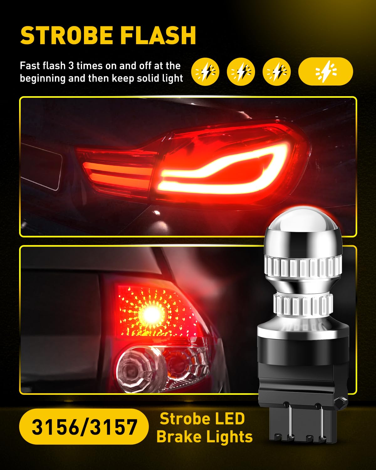 AUXITO T25 LED Strobe Brake Light Bulbs, Red Flashing, 3156/3157, Pack of 2
