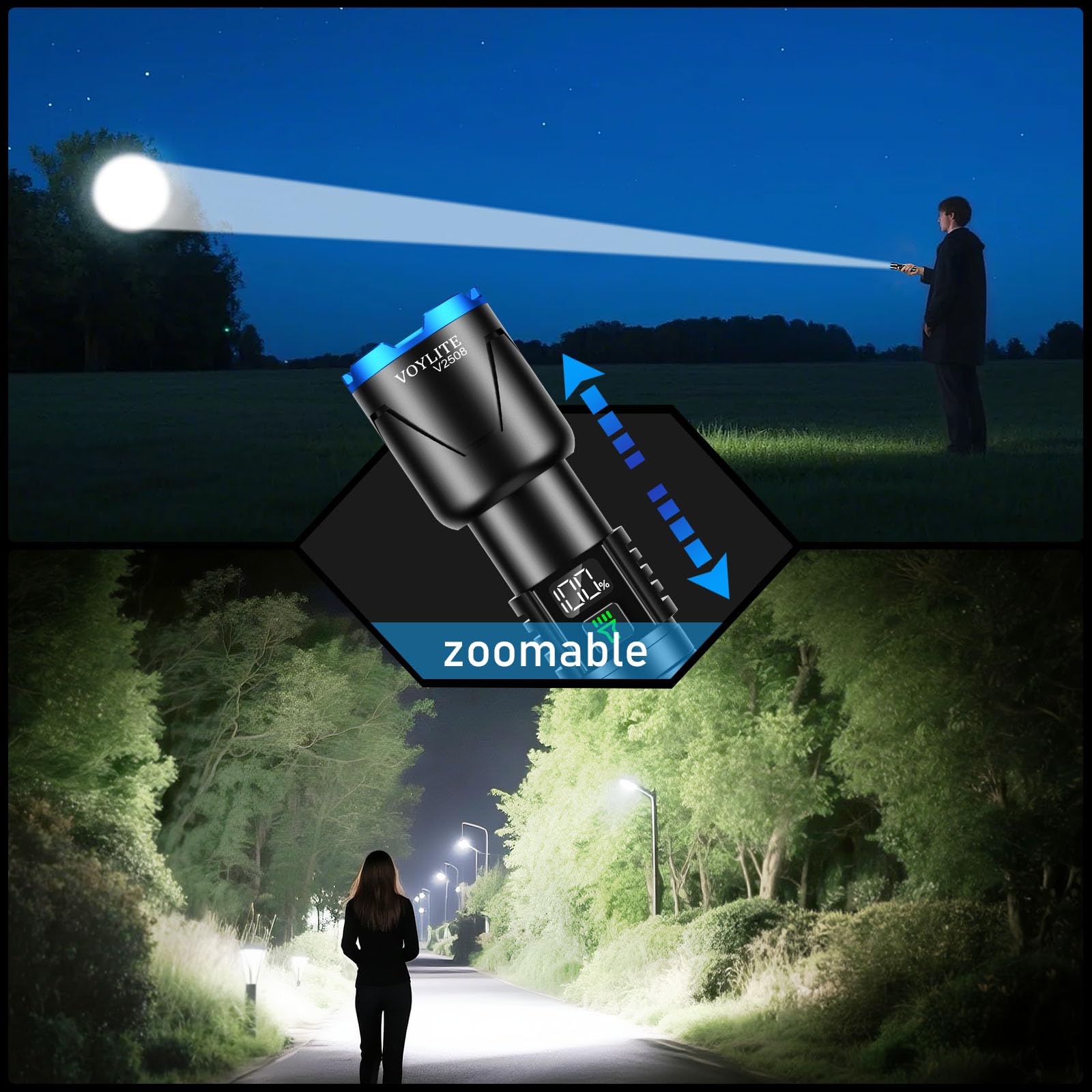 Voylite Rechargeable Flashlight - 10000 LM, 5000mAh Battery, Zoomable, IP67 Waterproof, Black, Model V2508