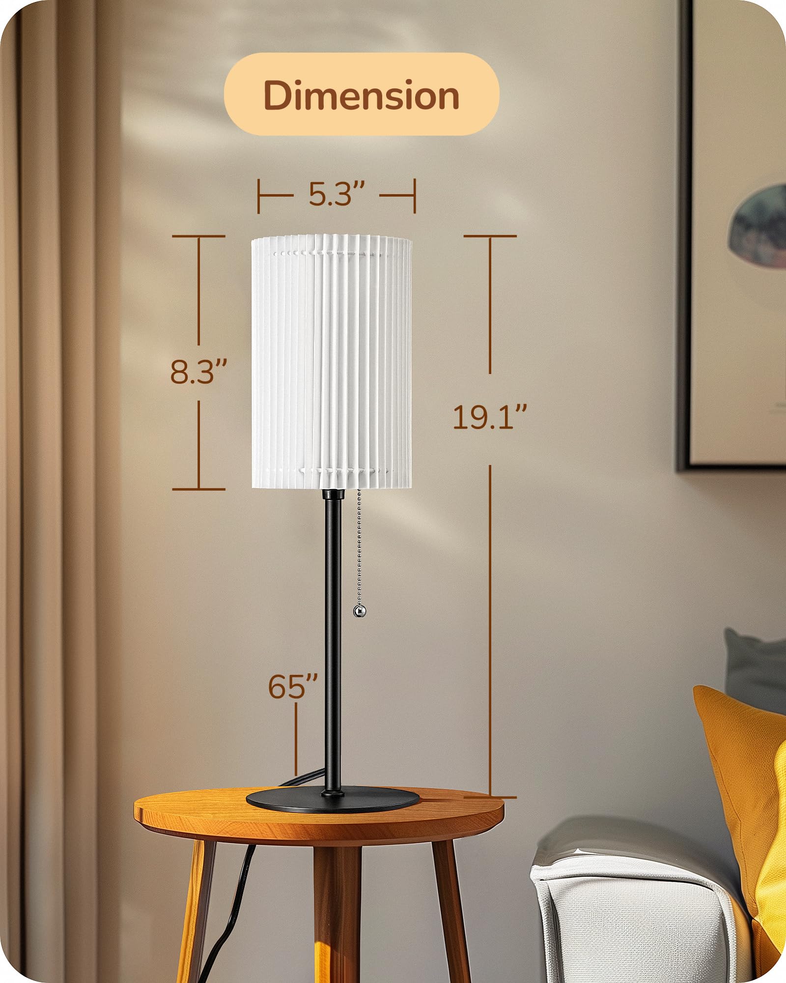 Edishine 19.09'' Modern Table Lamp, Cylindric White Paper Origami Lampshade, Boho Bedside Lamp With Pull Chain Switch & Metal Ba