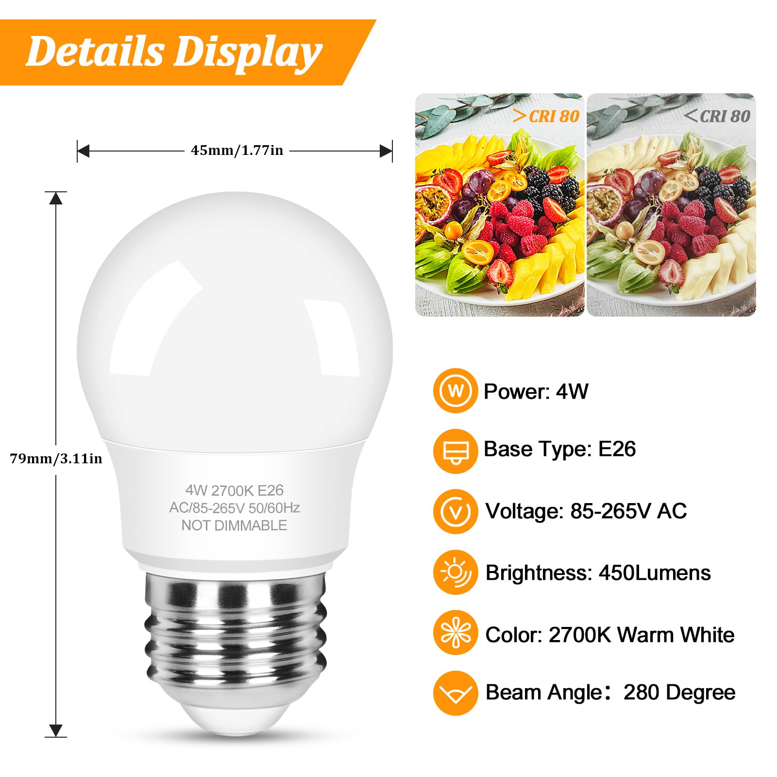 Brightever Led Refrigerator Light Bulbs 40 Watt Equivalent, 120V Fridge Appliance Light Bulbs 4W 2700K Warm White, Waterproof A15 Fridge Light Bulb 450Lm, E26 Freezer Light Bulb Non-Dimmable, 2 Packs