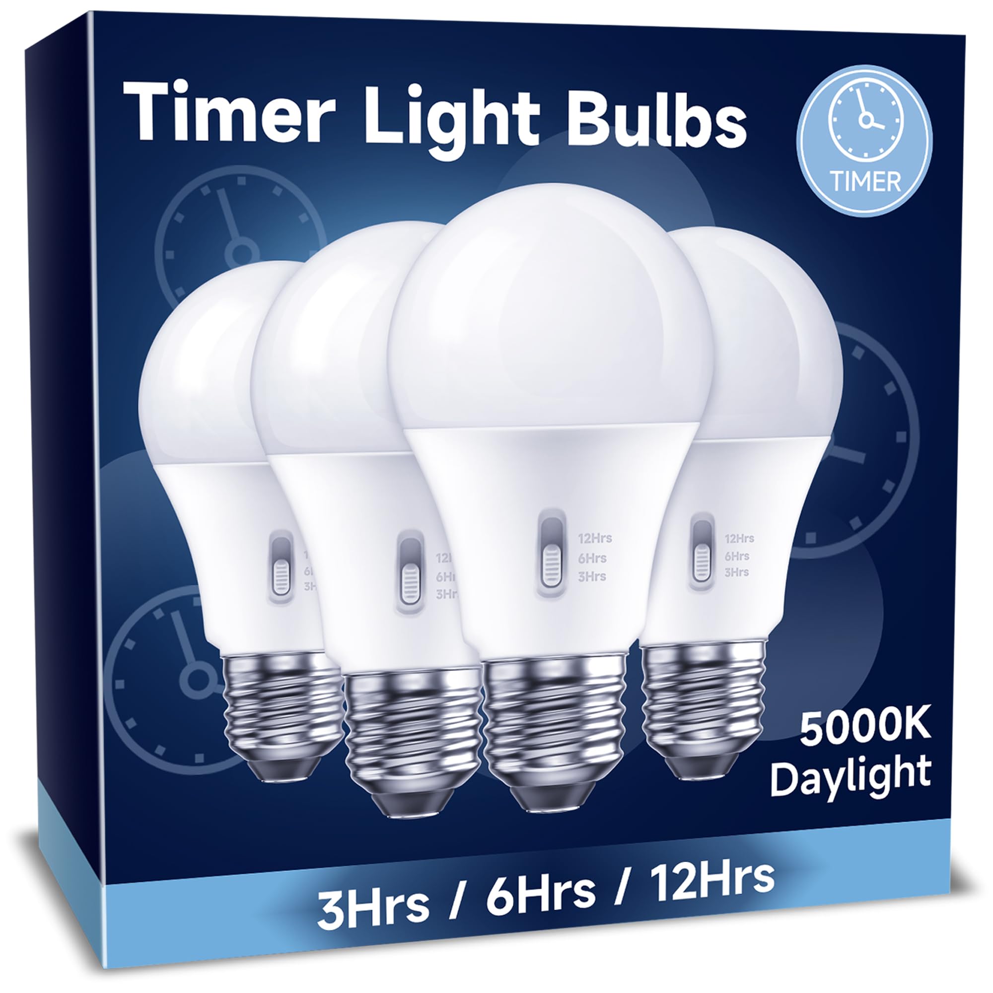 Unilamp Timer Led Light Bulbs 4 Pack, 13W (100W Equivalent) Led Bulb, Built-In Automatic Timer, 5000K Daylight A19, Automatic On