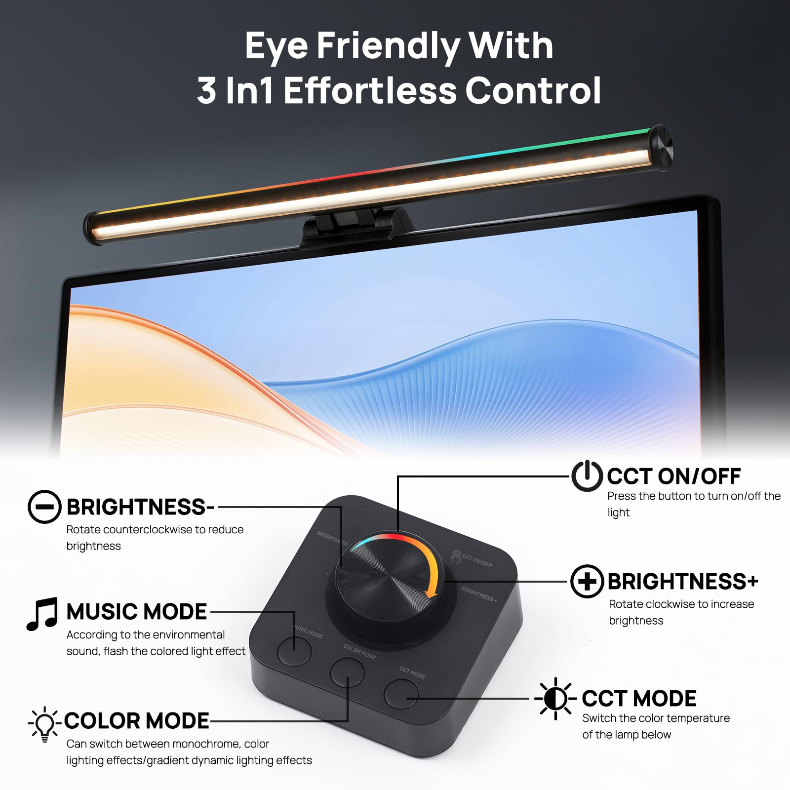 Hive Vibes Monitor Light Bar, RGB Backlight, Wireless Remote, Stepless Dimming, 17 inch, Black, Model MLB-001