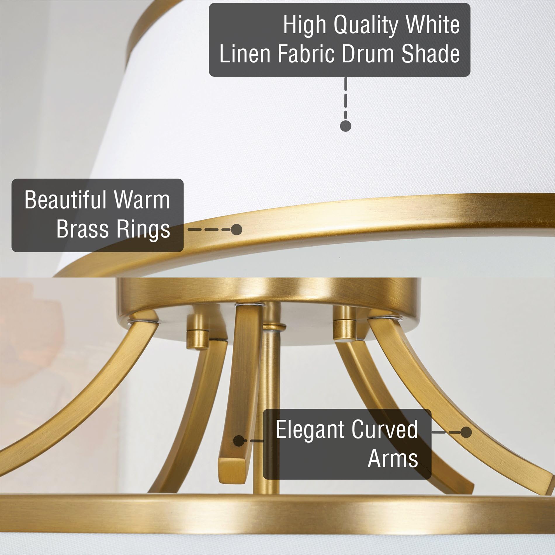 Kira Home Zoey 18 Modern Semi-Flush Mount Ceiling Light, Warm Brass, White Fabric Shade, Model Rv-Csf075-Wb