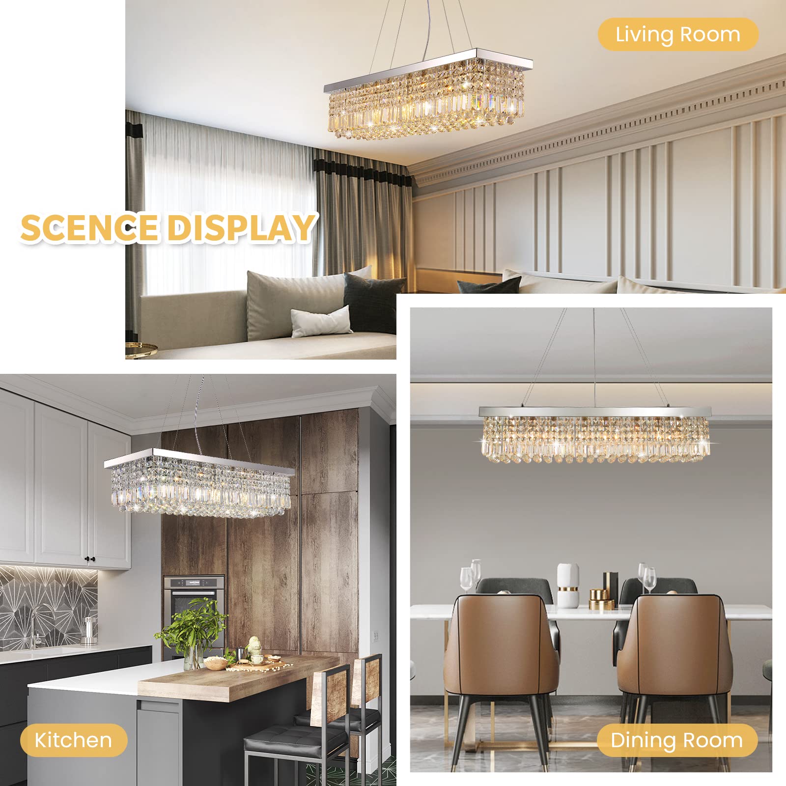 7PM Rectangle K9 Crystal Chandelier Pendant Light Fixture, Chrome, L40in x W10in x H10in, Iron, Model CL010602