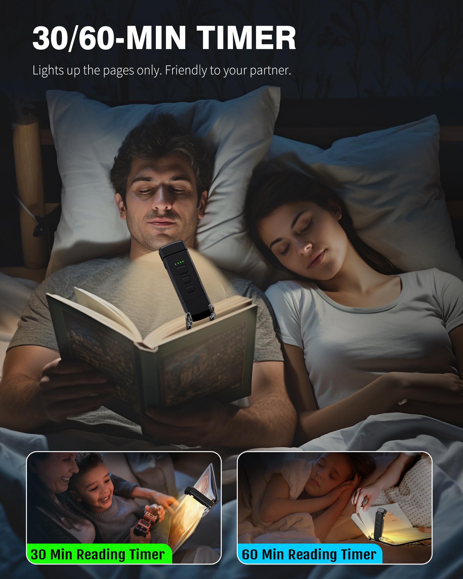 Reading Light With 5 Magnetic Bookmarks, Book Lights For Reading In Bed, Rechargeable Reading Lamp With 2 Timing Modes, 3 Color