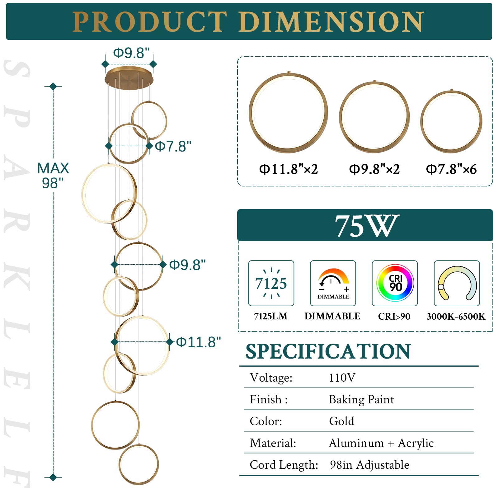 Sparklelf 10 Rings Modern Led Chandelier For High Ceiling Dimmable Gold Contemporary Pendant Light Fixture Long Foyer Chandelier