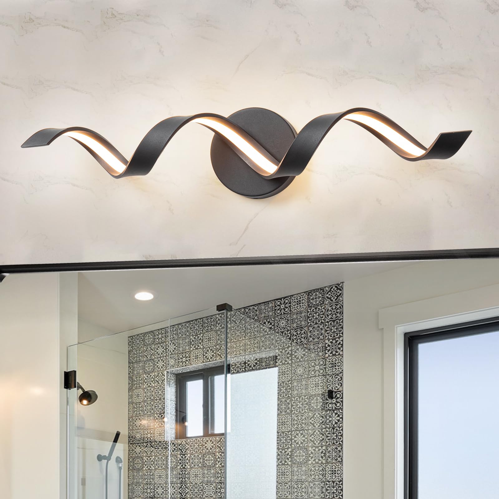 Huoku 24" Dimmable Black Led Bathroom Vanity Light, Spiral Design, 3000K Warm Light