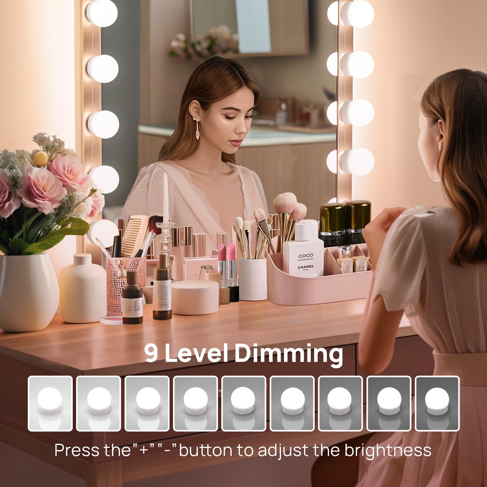 Led Vanity Lights For Mirror, Consciot Hollywood Style Lights With 14 Dimmable Bulbs, Adjustable Color & Brightness, Usb Cable,