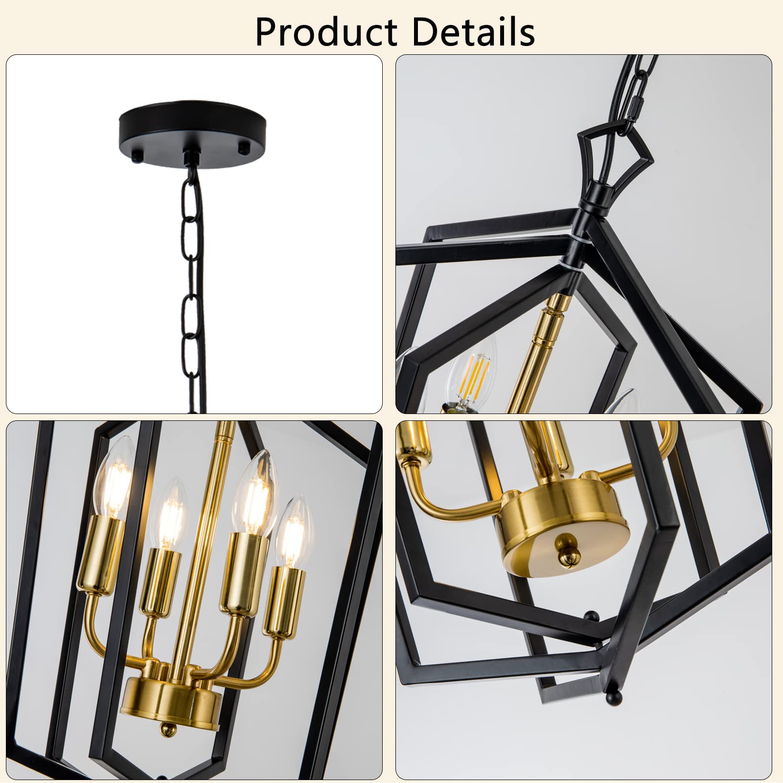 Lanhall 4-Light Metal Chandelier Pendant Light Fixture, Black + Brushed Brass, Modern Design for Dining Room, Kitchen Island, Model 500-100-1037
