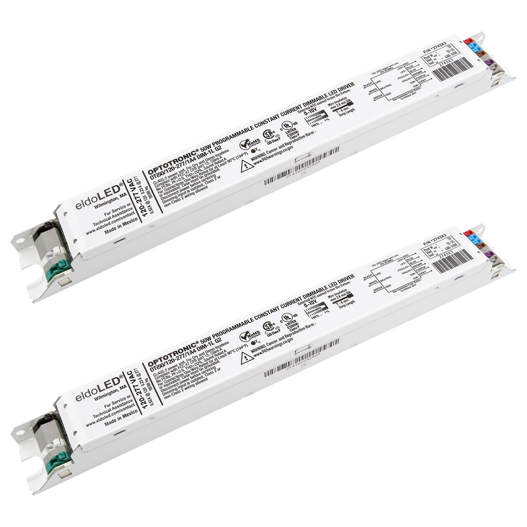 Pack of 2 - eldoLED *2743X3 OPTOTRONIC Programmable Linear 50 Watts Constant Current LED Driver, 0-10V Dimmable OTi50/120-277/1A