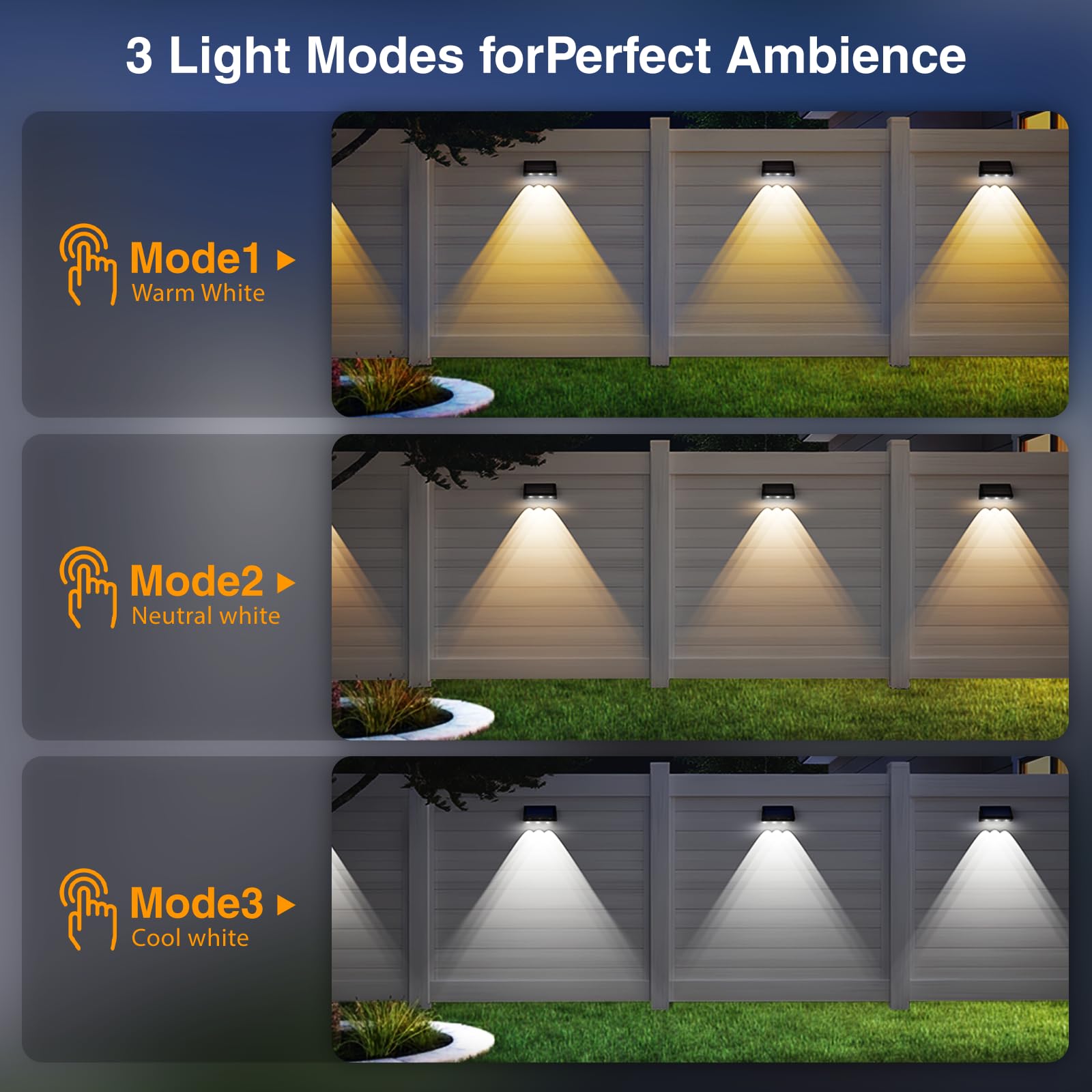 Onforu Solar Fence Lights 12 Pack Solar Lights Outdoor 3 Modes(Warm/Neutral/Cool White) For Outside Dusk To Dawn Outdoor Light Ip65 Waterproof Deck Lighting For Patio Step Backyard Railing Wall