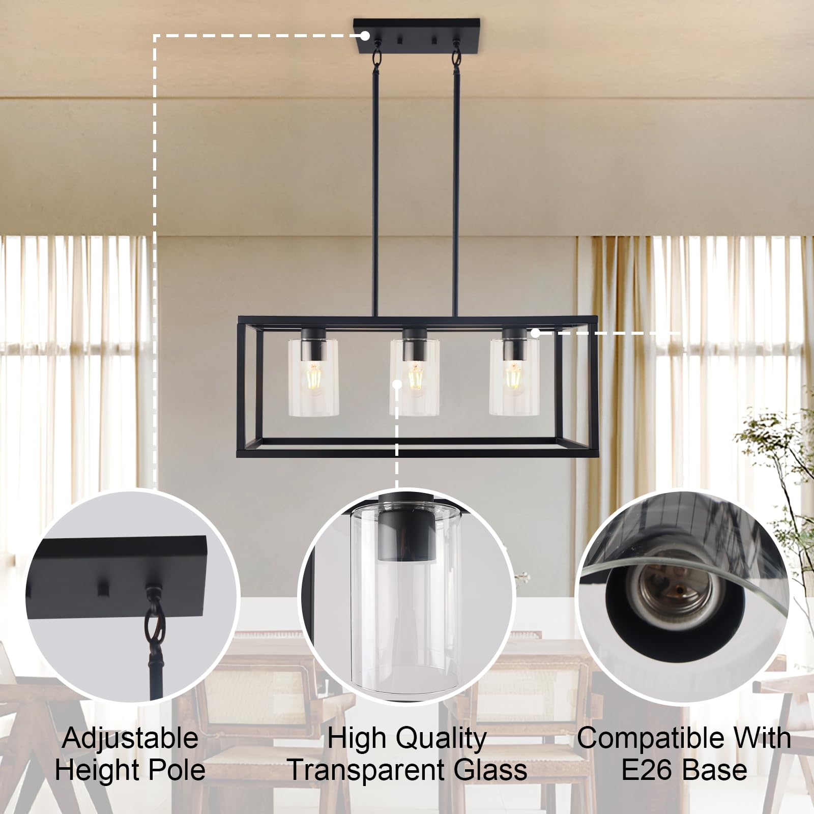 Kalium Chandeliers For Dining Room  3 Light Dining Room Light Fixture Modern Metal Industrial Kitchen Lighting Fixtures Ceiling Easy Installation Pendant Lights For Bar Restaurant-E26 Socket  Black