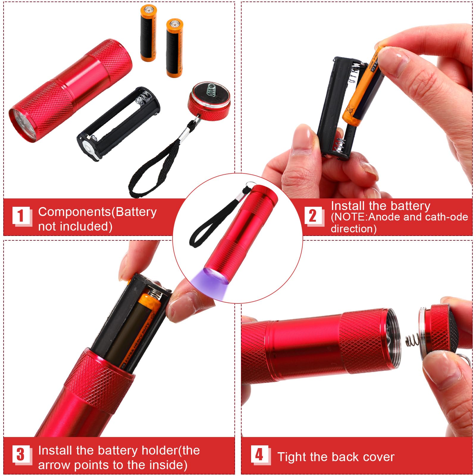 ROCEEI UV Blacklight Flashlight - 10 Pieces Mini Torch, Portable LED Light, Purple Light in Red Color