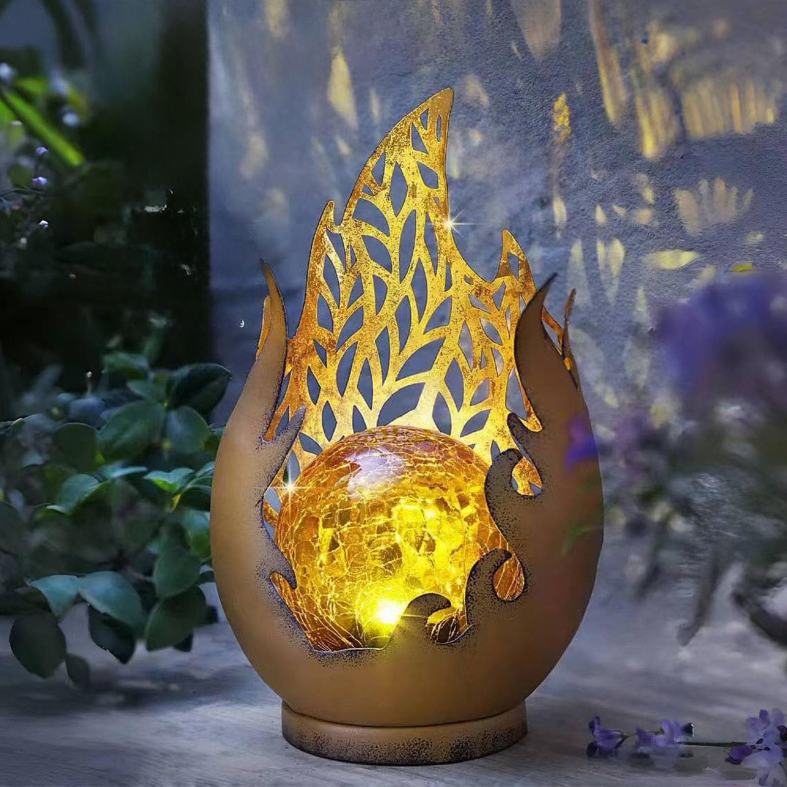Huaxu Solar Lights Outdoor Decor Waterproof Metal Cracked Glass Globe with Copper Flame Effect, Table Decorations LED Lamp Gift 