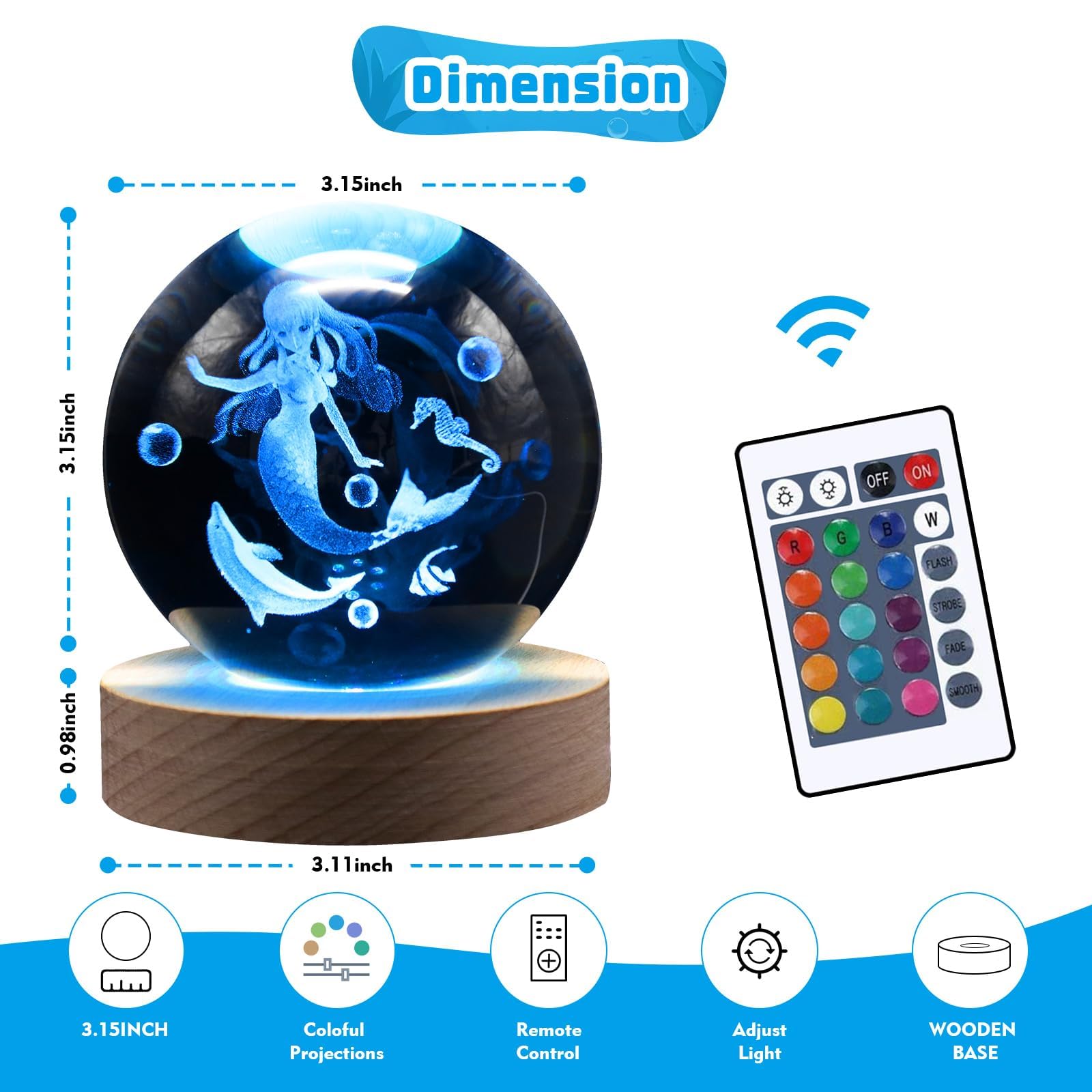 Shellvcase 3.15In 3D Mermaid Nightlight, Mermaid Lamps For Girls Bedroom, Mermaid Night Light, 16 Colors & Remote Controls Cryst