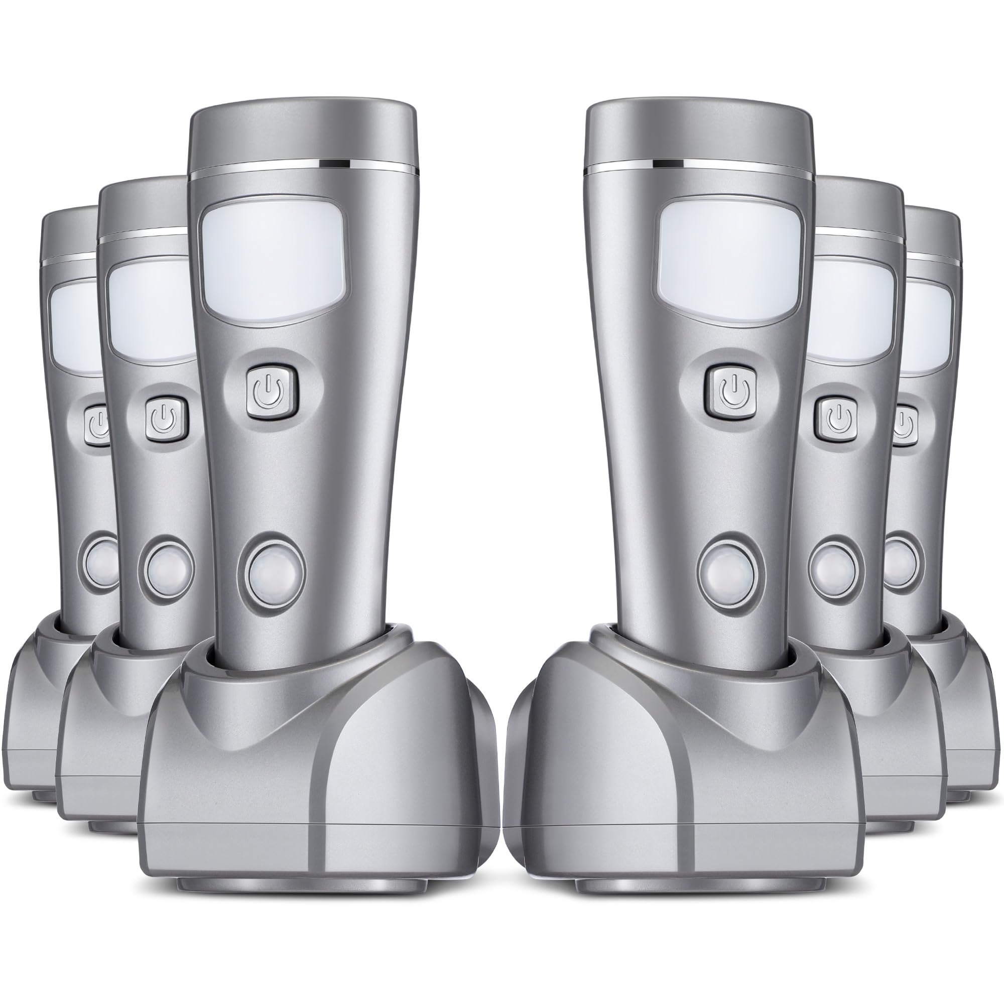 Enhon 4 in 1 LED Rechargeable Plug in Flashlights, 6 Pack LED Emergency Lights for Home Power Failure Emergency, Plug in Power Outage Light, Power Failure Light with Motion Detection (Silver)