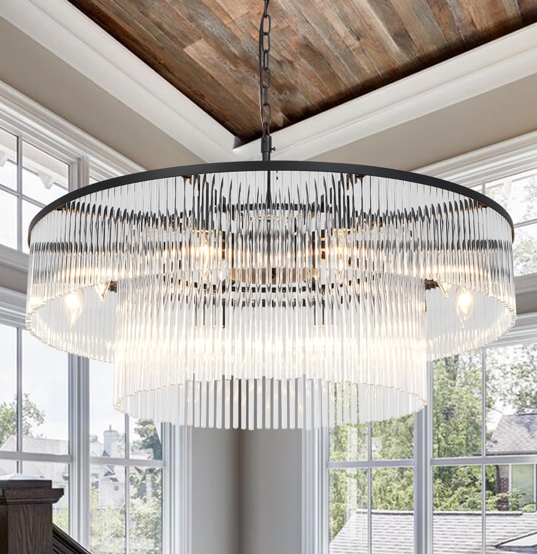 Akeelighting Contemporary Black Chandeliers, 2-Tier Dining Room Glass Chandelier Lighting 10 Lights Round Chandelier For Living 