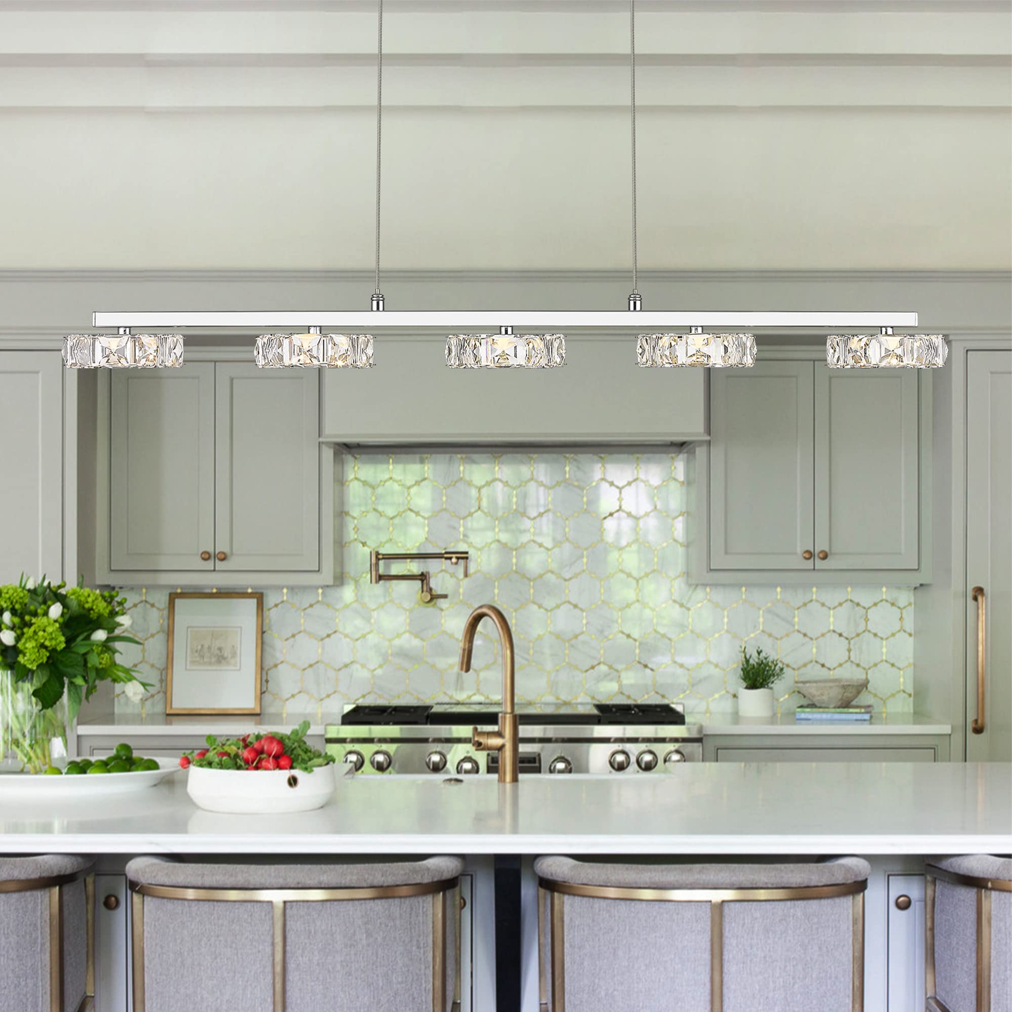 pasentel Farmhouse 5Light Crystal Led Linear Chandeliers, Modern Chrome Pendant Lighting for Kitchen Island Dining Room Pool Ta
