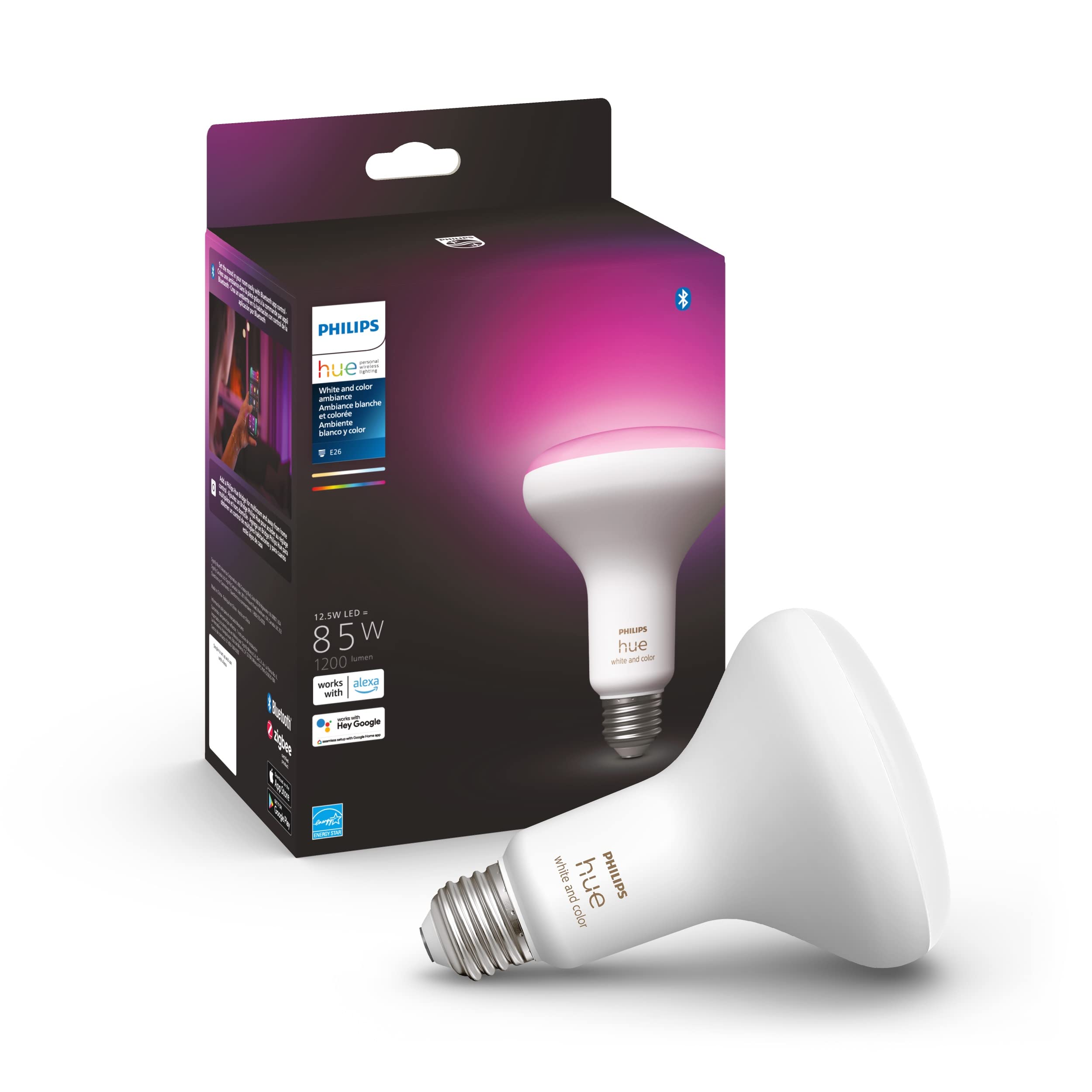 Philips Hue Smart 85W Br30 Led Bulb- White And Color Ambiance Color-Changing Light- 1 Pack- 1200Lm- E26 - Indoor - Control With