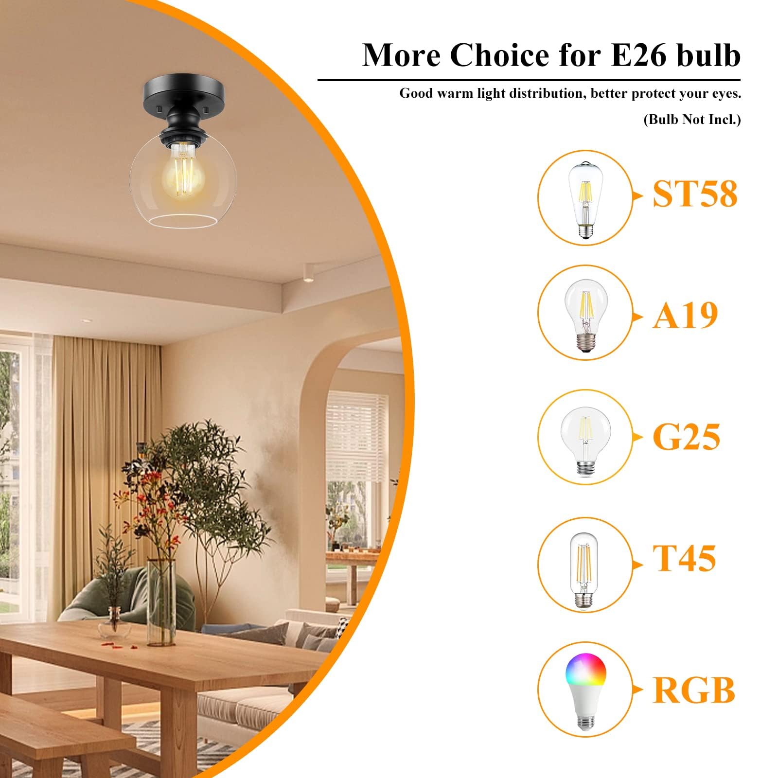 Boostarea Industrial Semi Flush Mount Ceiling Light, Vintage Hanging Ceiling Lamp With Clear Glass Shade, Farmhouse Light Fixtur