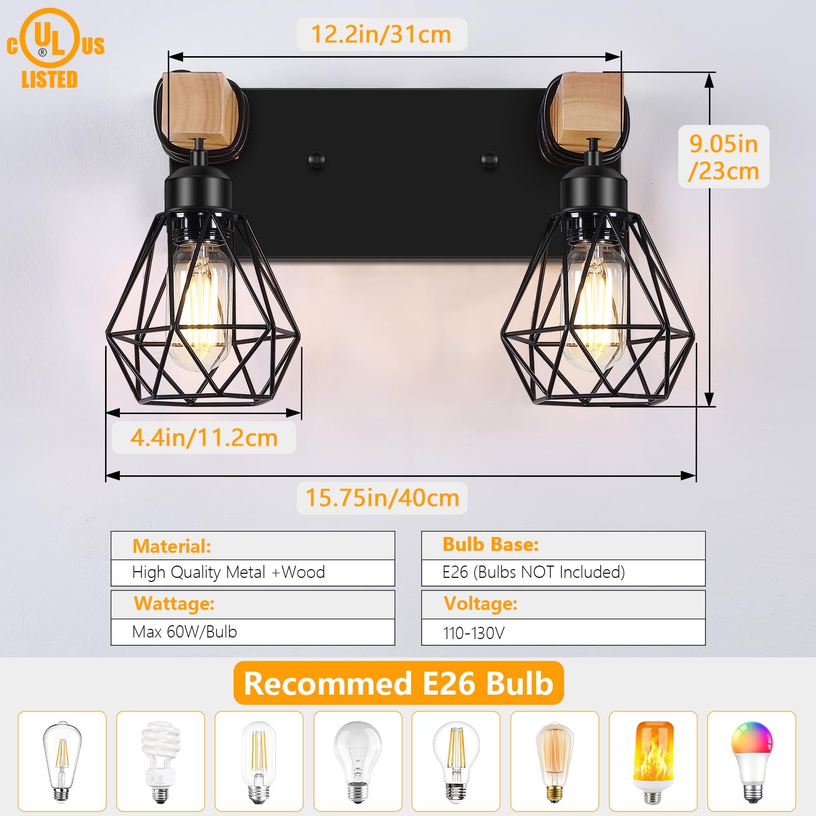 Fadimikoo 2-Light Rustic Style Wood Bathroom Wall Sconce  Farmhouse Vanity Lighting Fixture Fopr Bathroom  Industrial Wood Wall Light Over Mirror With Metal Shade  Bulbs Not Included