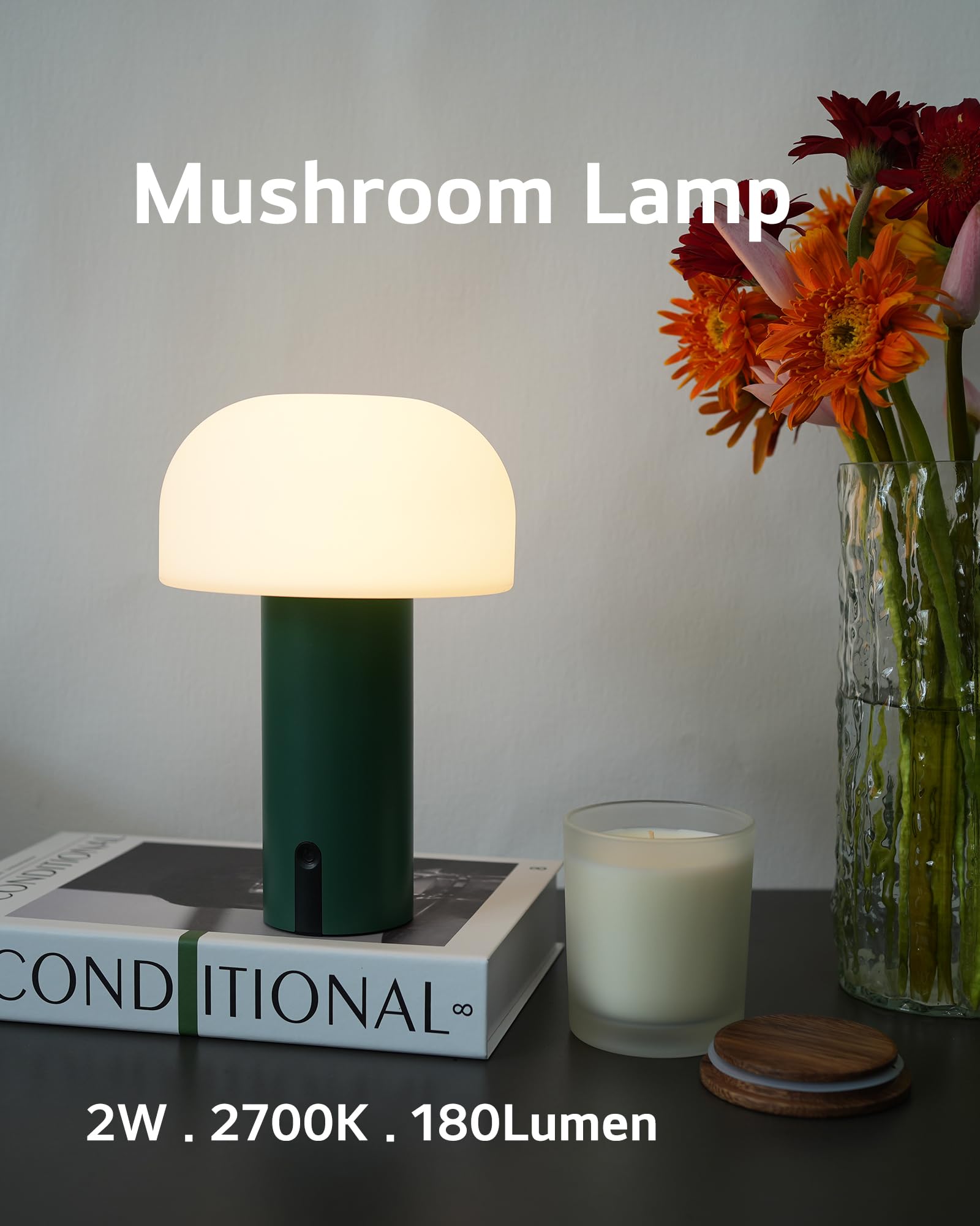 Ilovinit Green Outdoor Mushroom Table Lamp - Rechargeable, Cordless, Waterproof, Usb Charging