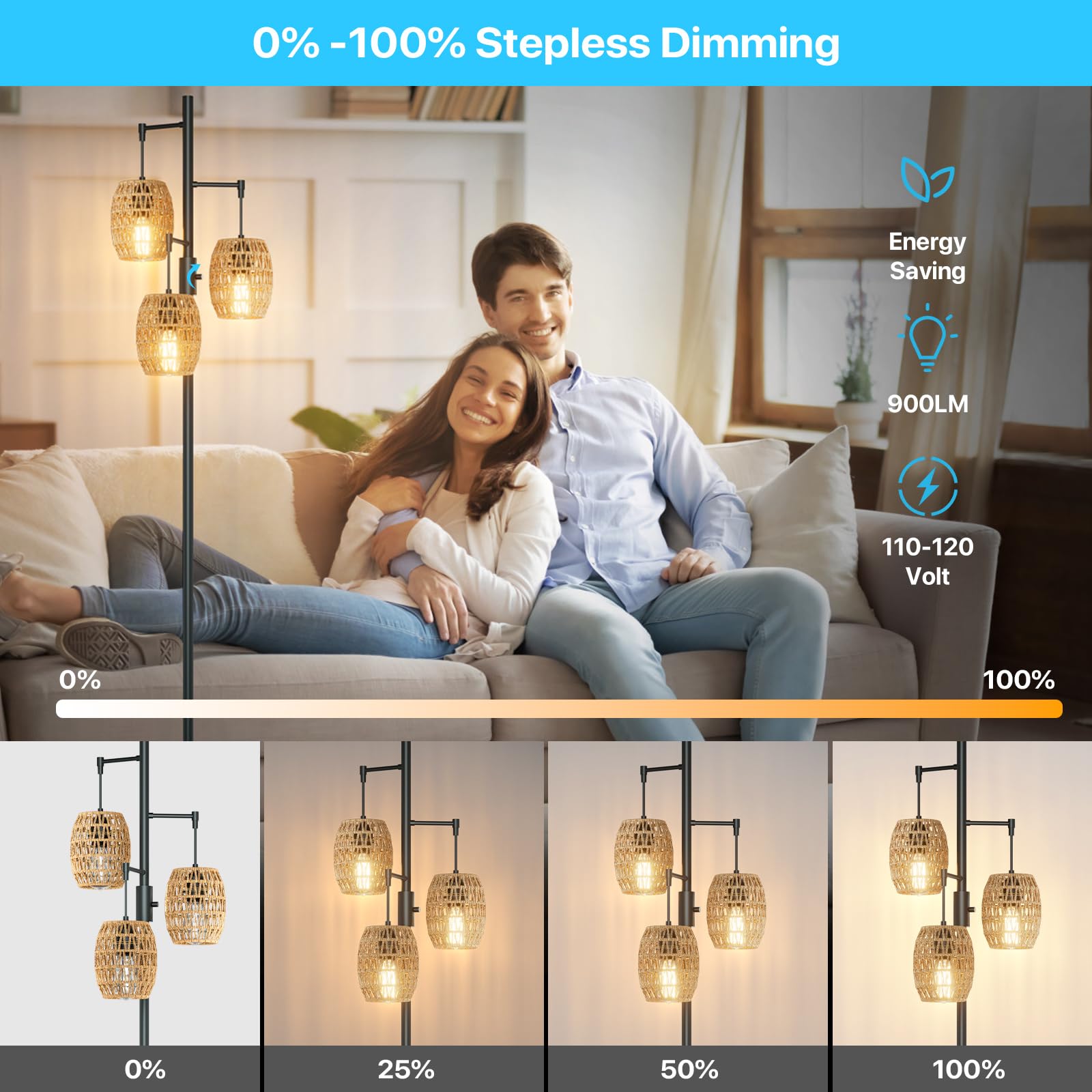 Lumenfox Boho Rattan Floor Lamp - Dimmable Floor Lamp 70 Inch With Shades, Coastal Floor Lamp 3 Light Bohemian Floor Lamps Stand