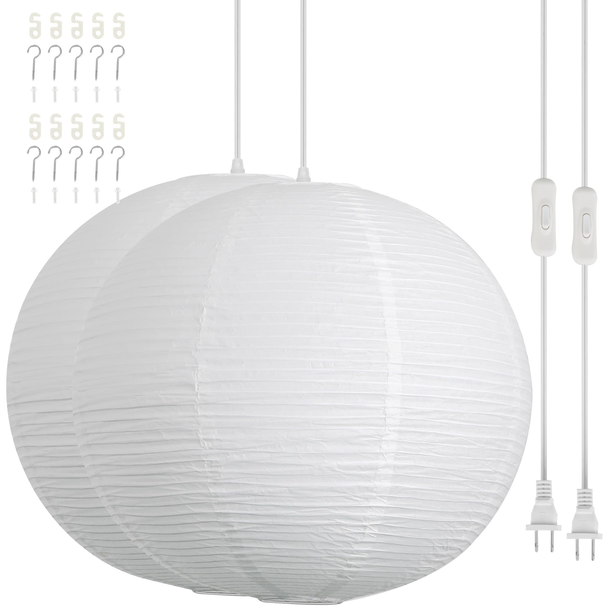 Fivemengo Paper Lantern Lamp Plug in Hanging Lamp 23.6in White Rice Paper Pendant Light with 19.7FT Cord Large Globe Japanese Ja
