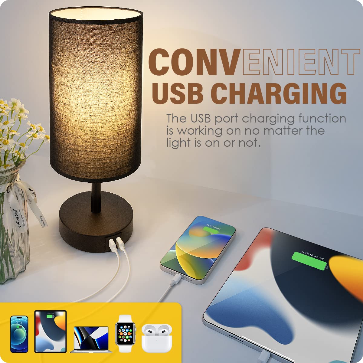 Yarra-Decor Bedside Lamps Set of 2 - Touch Control, 3 Way Dimmable, Black Fabric Shade, Model Y-2 Black