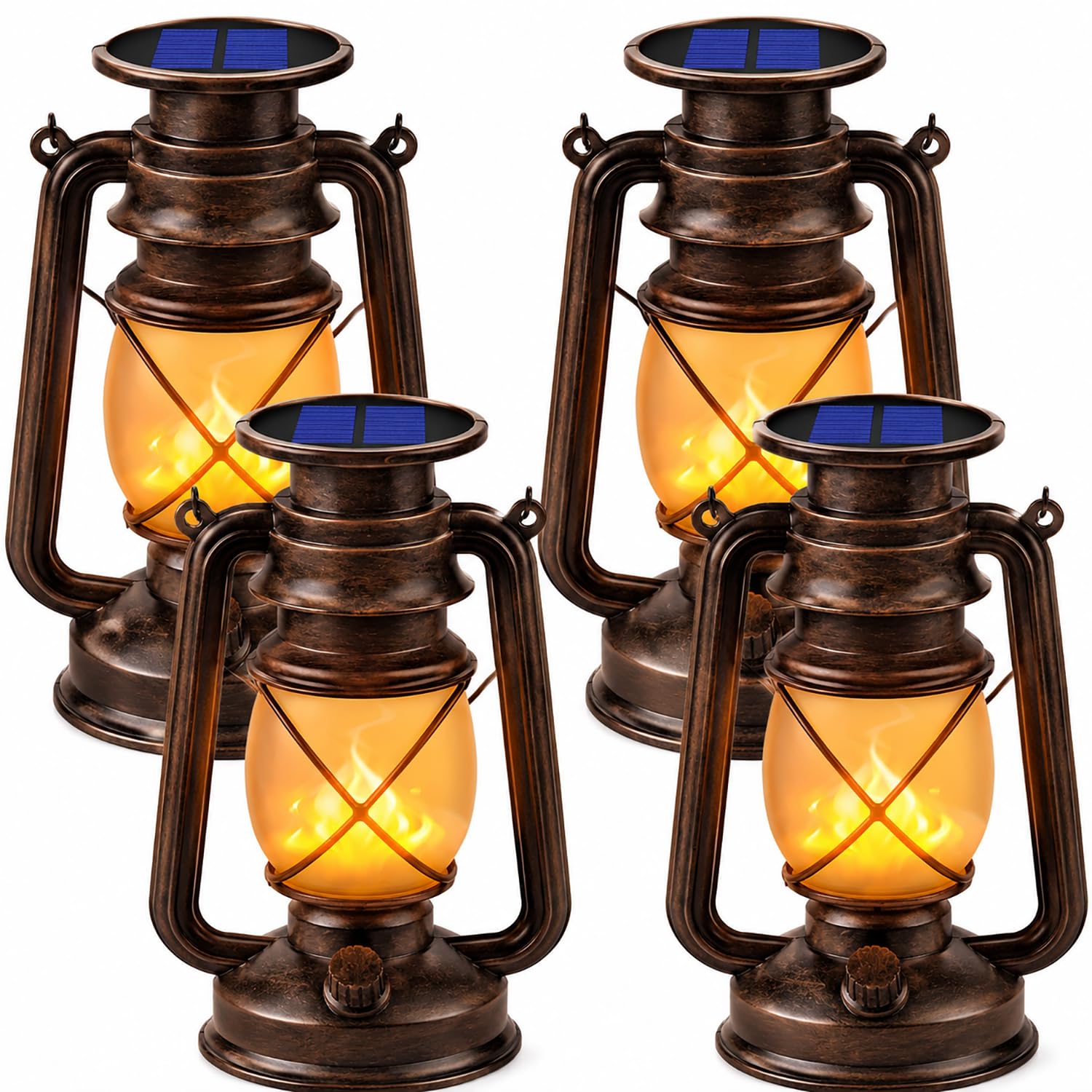 Solar Lanterns Outdoor 4 Pack, Flickering Flame LED Hanging Solar Lights with Handle, Vintage Bronze Solar Powered Lanterns for 
