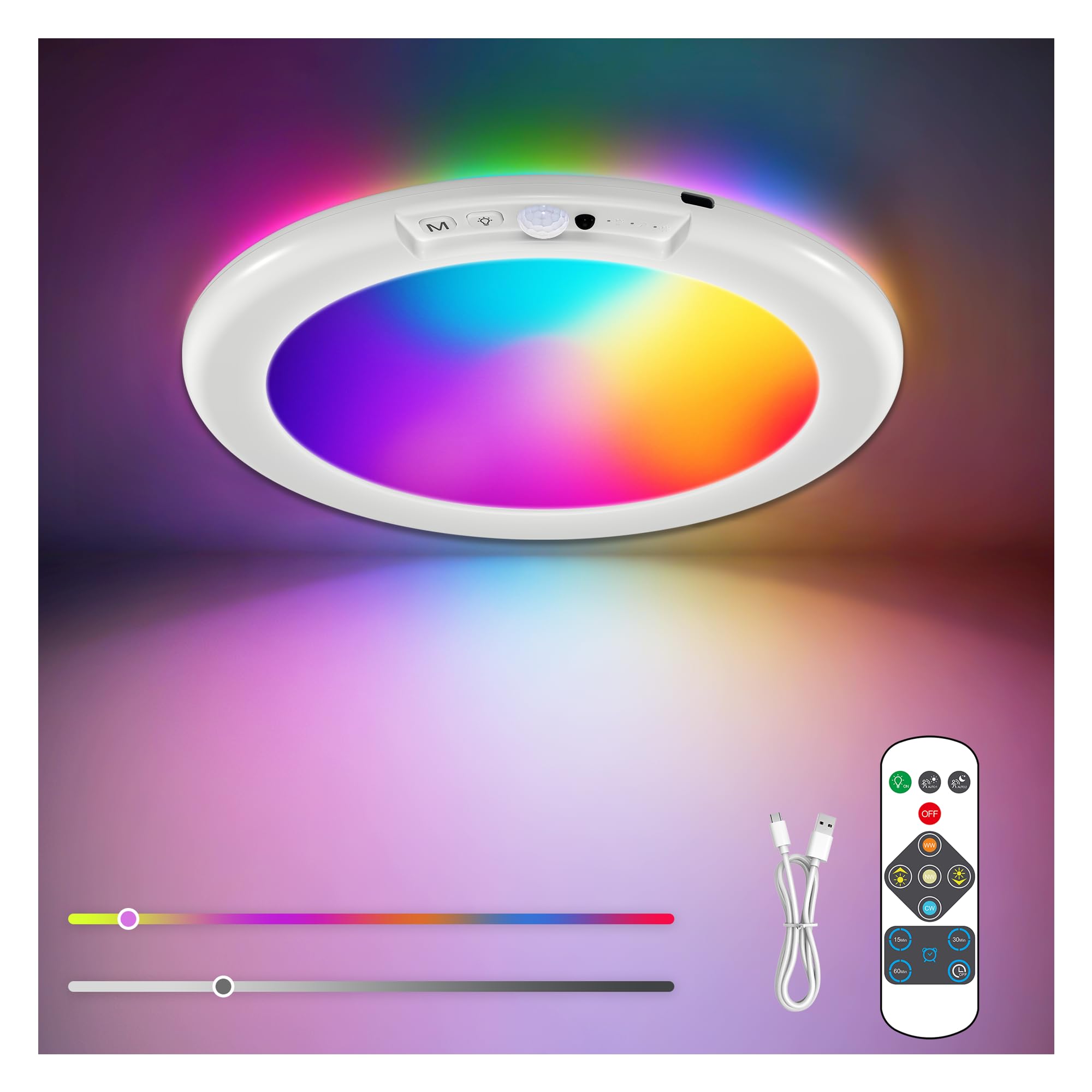 KINDEEP Wireless Battery Operated Ceiling Light: RGB Color Changing Ceiling Light with Remote, Rechargeable Motion Sensor Closet